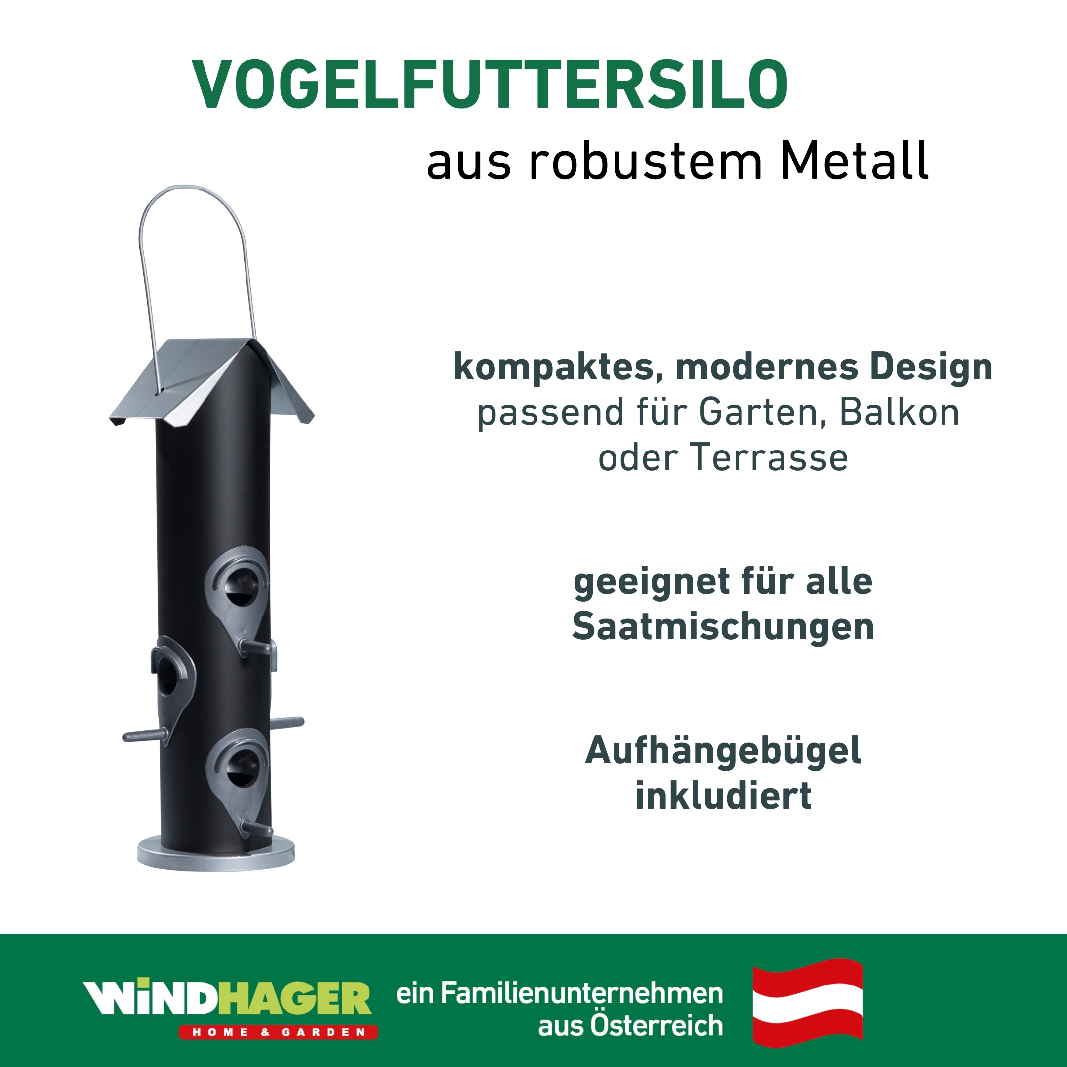Windhager Vogelhaus »Saatmischung, Vogelfuttersilo aus robustem Metall« Futterstation inkl. Aufhängung, Füllvolumen ca. 1,25l, 13,5x13,5x35cm
