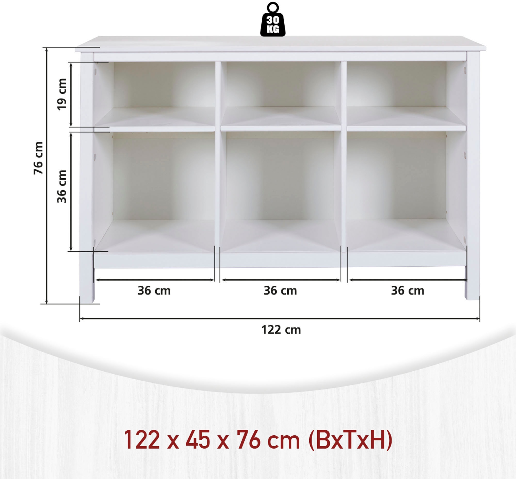 Inter Link Stauraumregal »Pinora, Kiefer Massivholz, Weiss, 122 x 45 x 76 cm« 1 Stk. tlg. Platz für Faltboxen, 6 Fächer, moderner Skandi Look