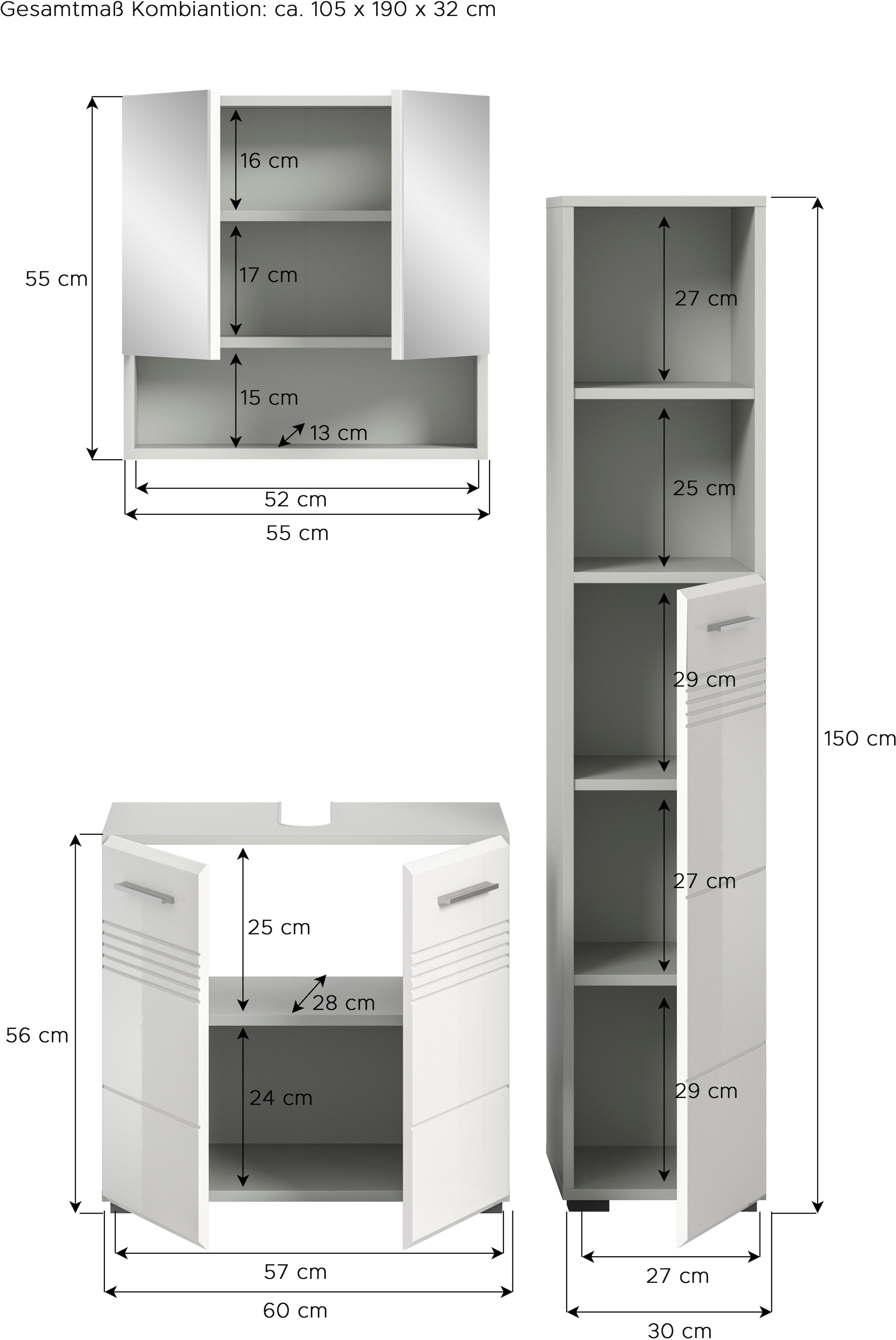 welltime Badmöbel-Set »Calicio, bestehend aus: Waschbeckenunterschrank, Spiegelschrank,«, (3 St.), Hochschrank, hochwertige MDF Front mit Rillenfräsung