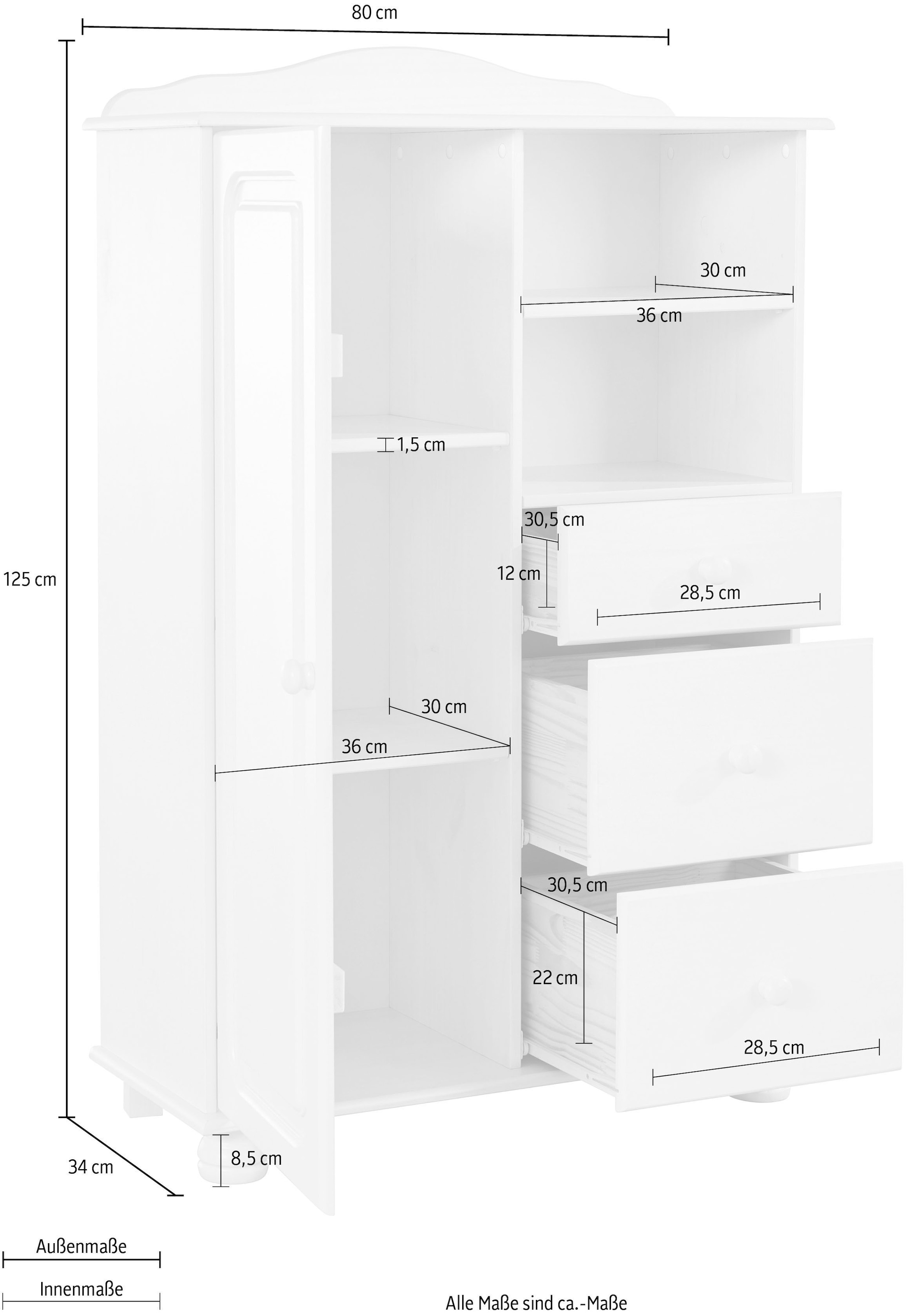 Home affaire Highboard »Mette«, Stauraumschrank mit 3 Schubladen und verstellbaren Einlegeböden