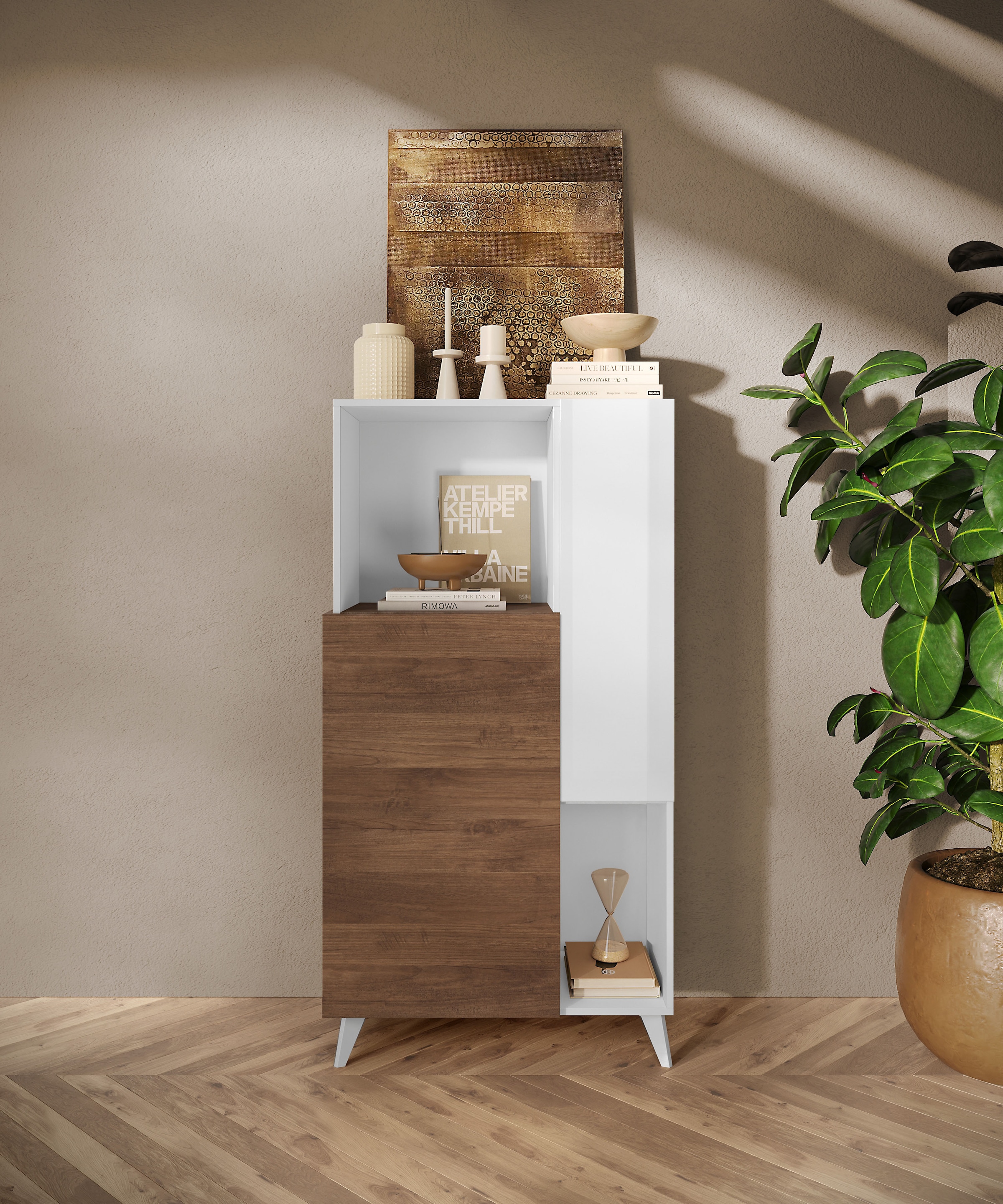 INOSIGN Highboard »Monaco Höhe 154 cm, Stauraumschrank mit 2 Türen (4 Fächer) und 2 offen« Hohe, schmale Kommode – sanftes Schließen, edles Design, viel Platz
