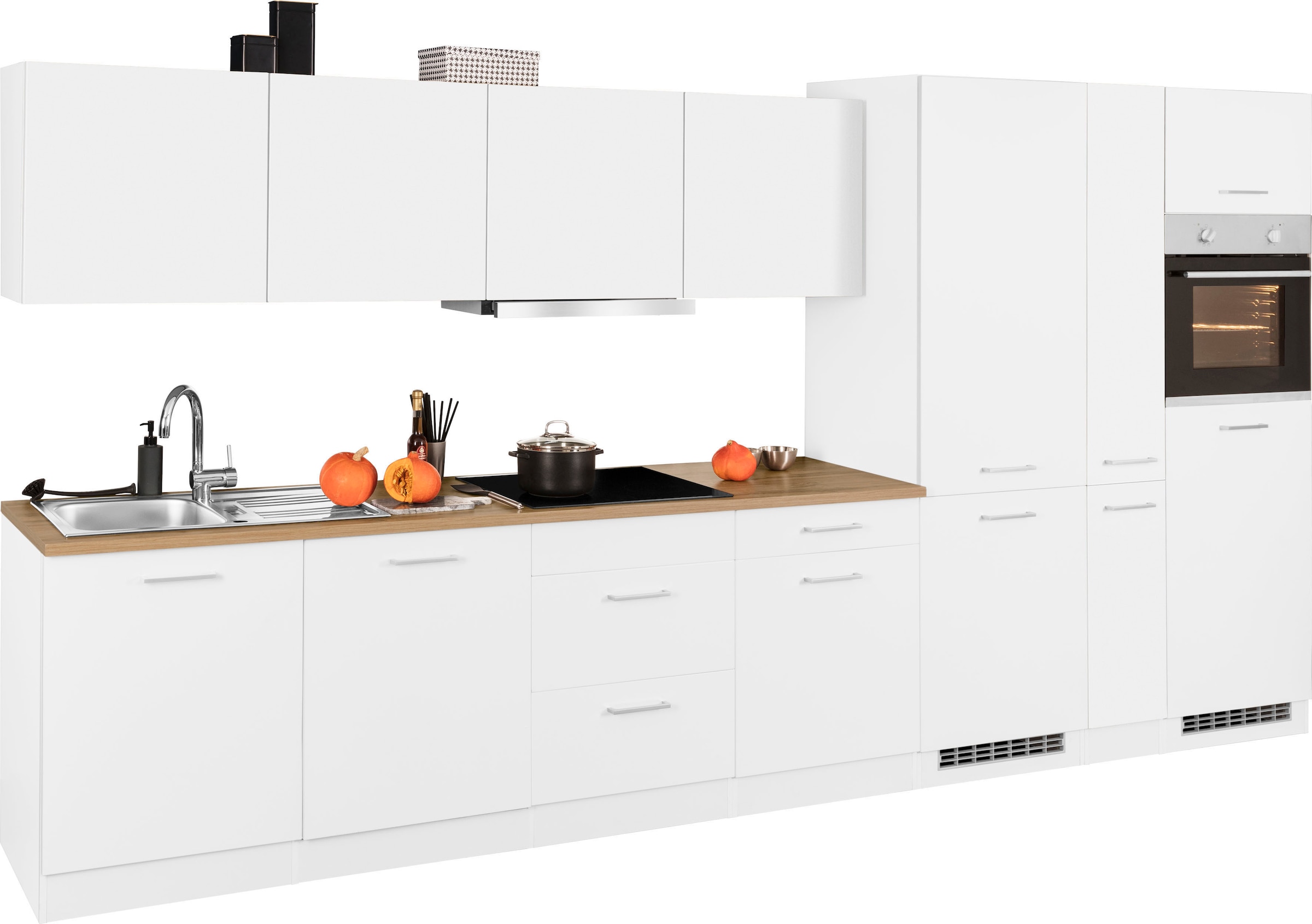 KOCHSTATION Küchenzeile »KS-Kehl«, mit E-Geräten, Breite 390 cm, inkl. Kühl/Gefrierkombination