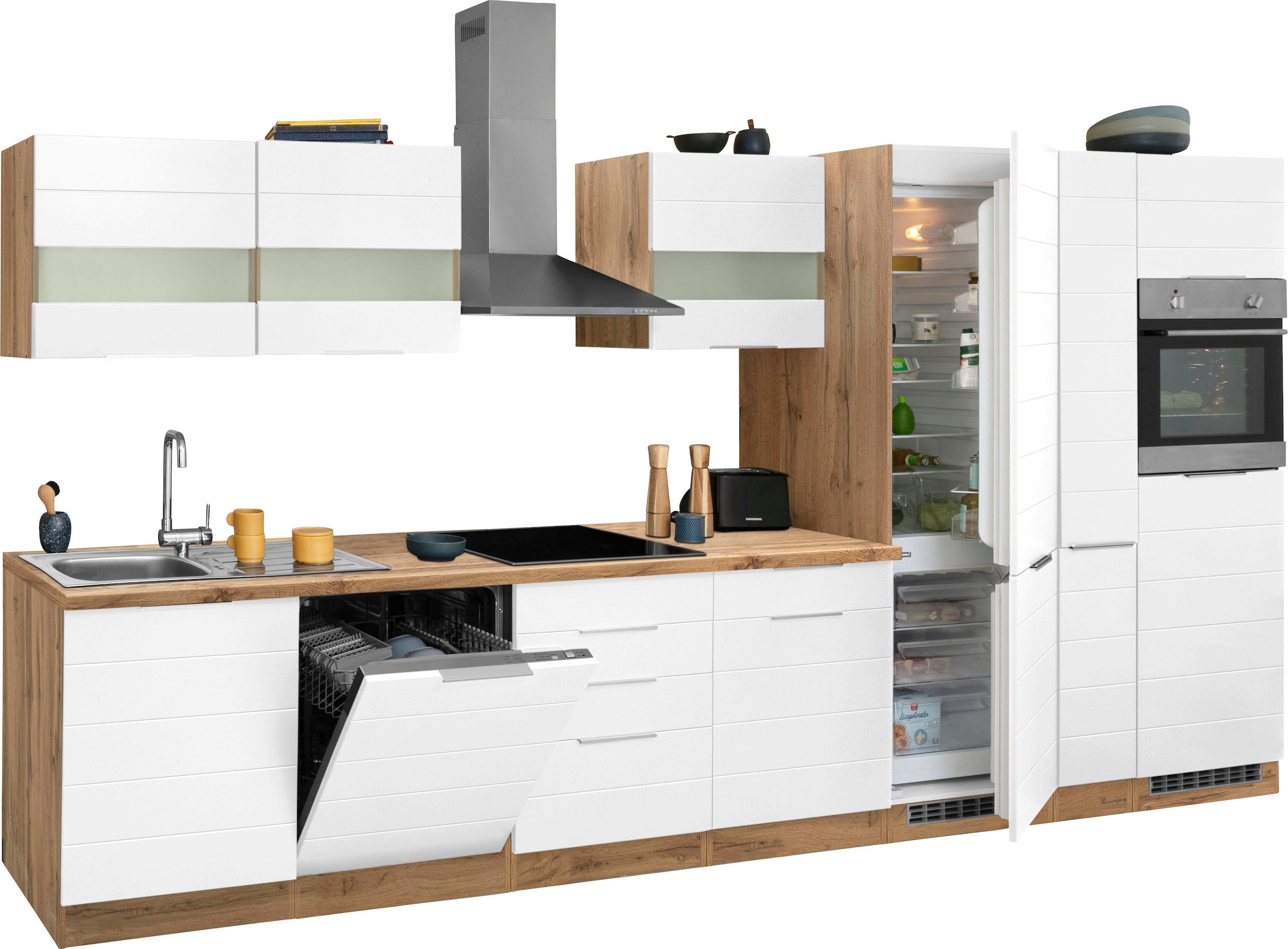 KOCHSTATION Küchenzeile »KS-Luhe«, 390 cm breit, wahlweise mit oder ohne E-Geräten, gefräste MDF-Fronten
