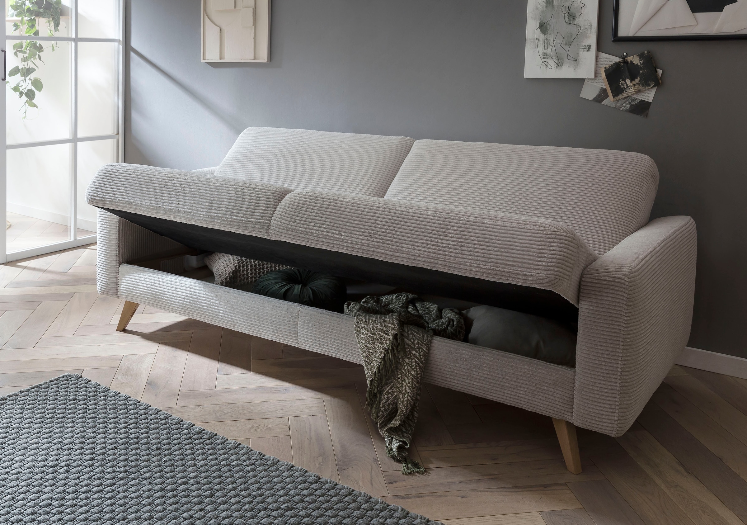exxpo - sofa fashion 3-Sitzer »Samso, elegant und bequem, aktueller Cord Bezug, Kippcouch«, hochwertige Verarbeitung, Schlafsofa inkl. Bettfunktion und Bettkasten