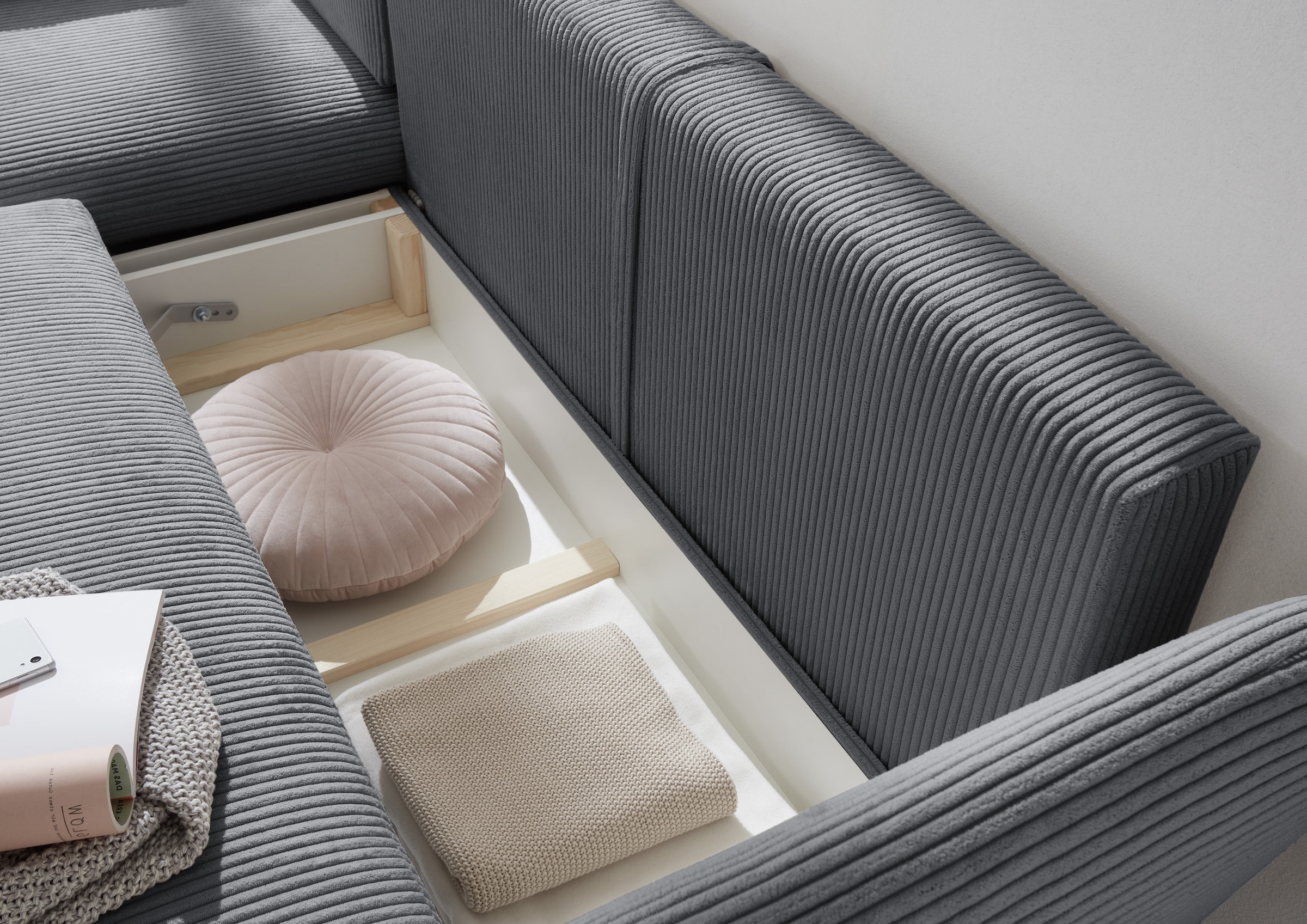 OTTO home Ecksofa »MERLE, 258 cm, L-Form, traumhafter Cord,« mit Bettfunktion und Bettkasten, Liegefläche 224 x 139