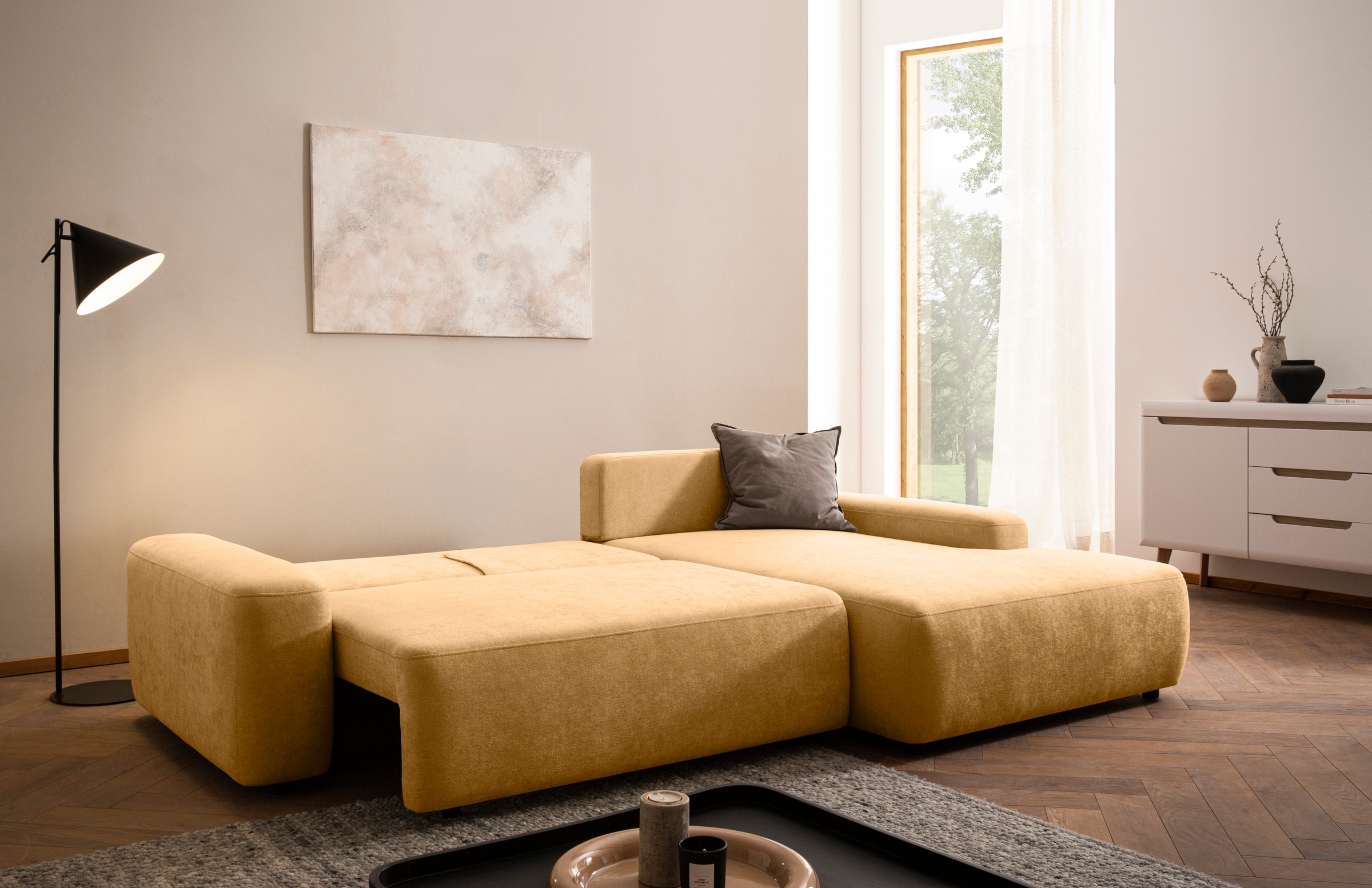 INOSIGN Ecksofa »TORGE (264cm), Schlafsofa in Cord, Samtvelours o Struktur fein, L-Form«, Schlaffunktion, Bettkasten, Liegefläche: 125/210 cm