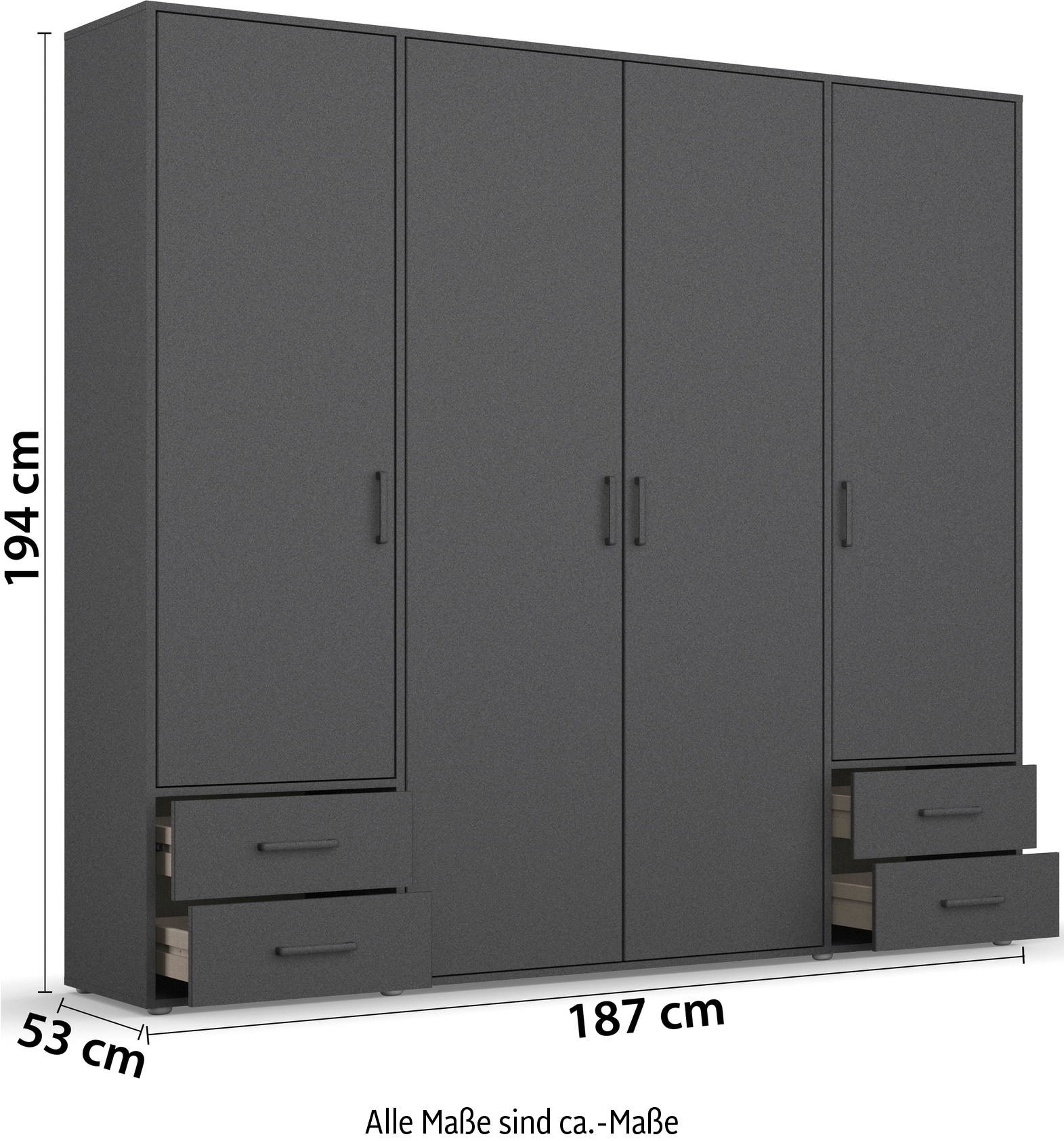 rauch Drehtürenschrank »Kleiderschrank Schrank Garderobe Wäscheschrank VOYAGER«, (in 3 verschiedenen Ausstattungen BASIC/CLASSIC/PREMIUM), moderne Griffe in Graumetallic mit Außenschubkästen MADE IN GERMANY