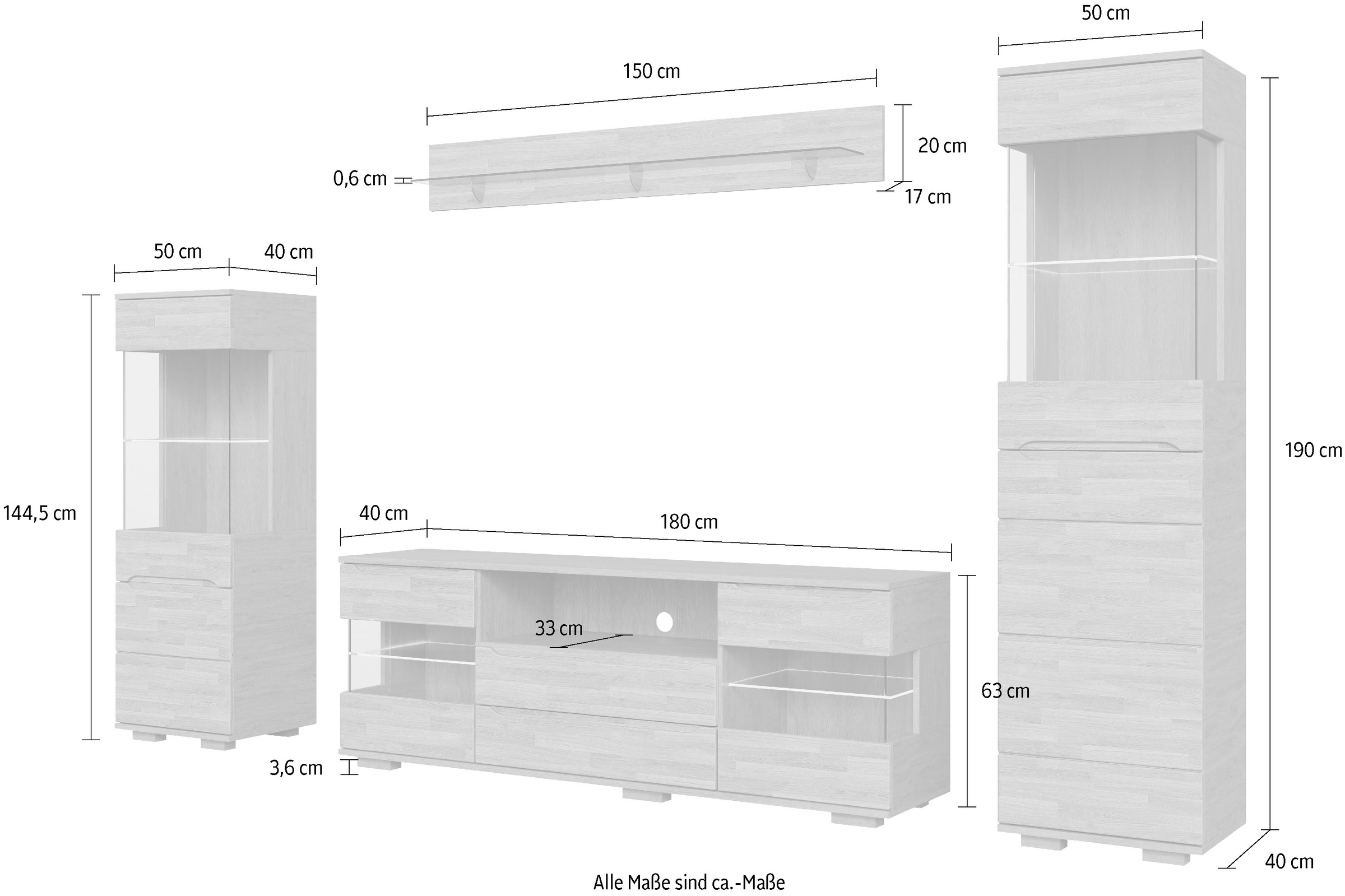 OTTO home Wohnwand »VETRO: besteht aus 2 Vitrinen, 1 Lowboard & 1 Wandregal, Wohnzimmer.« 4 Stk. tlg.