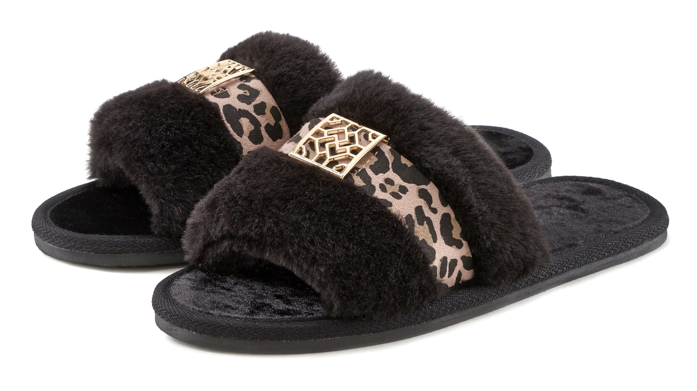Vivance Pantolette »Hausschuh, Plüschhausschuh,«, mit kuscheligem Fellimitat und Animal-Print VEGAN