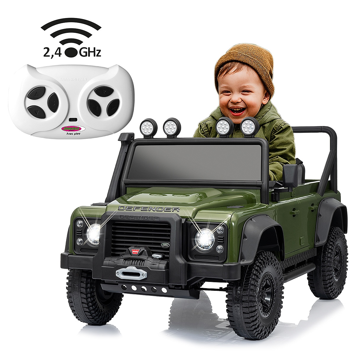 Jamara Elektro-Kinderauto »Ride-on Land Rover Defender 110 SVX grün, 2,4GHz, Li-Power 12.6« ab 3 Jahren bis 30 kg mit Licht und Sound