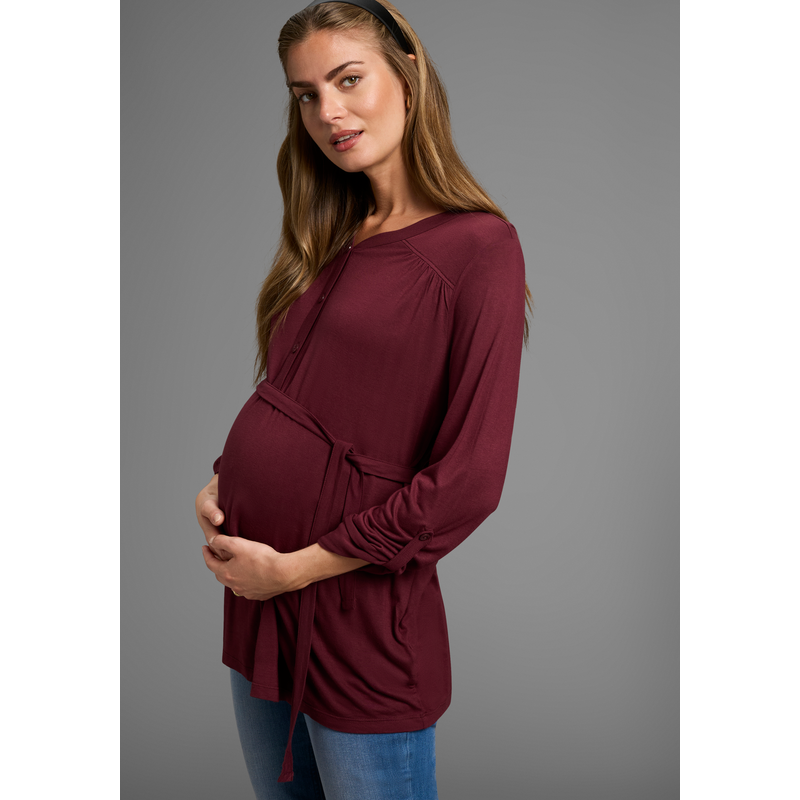 NEUN MONATE Umstandsshirt »Jersey-Bluse mit Bindegürtel« Viskose Umstands-Bluse praktisch für Schwangerschaft und danach bordeaux 40/42 40/42...