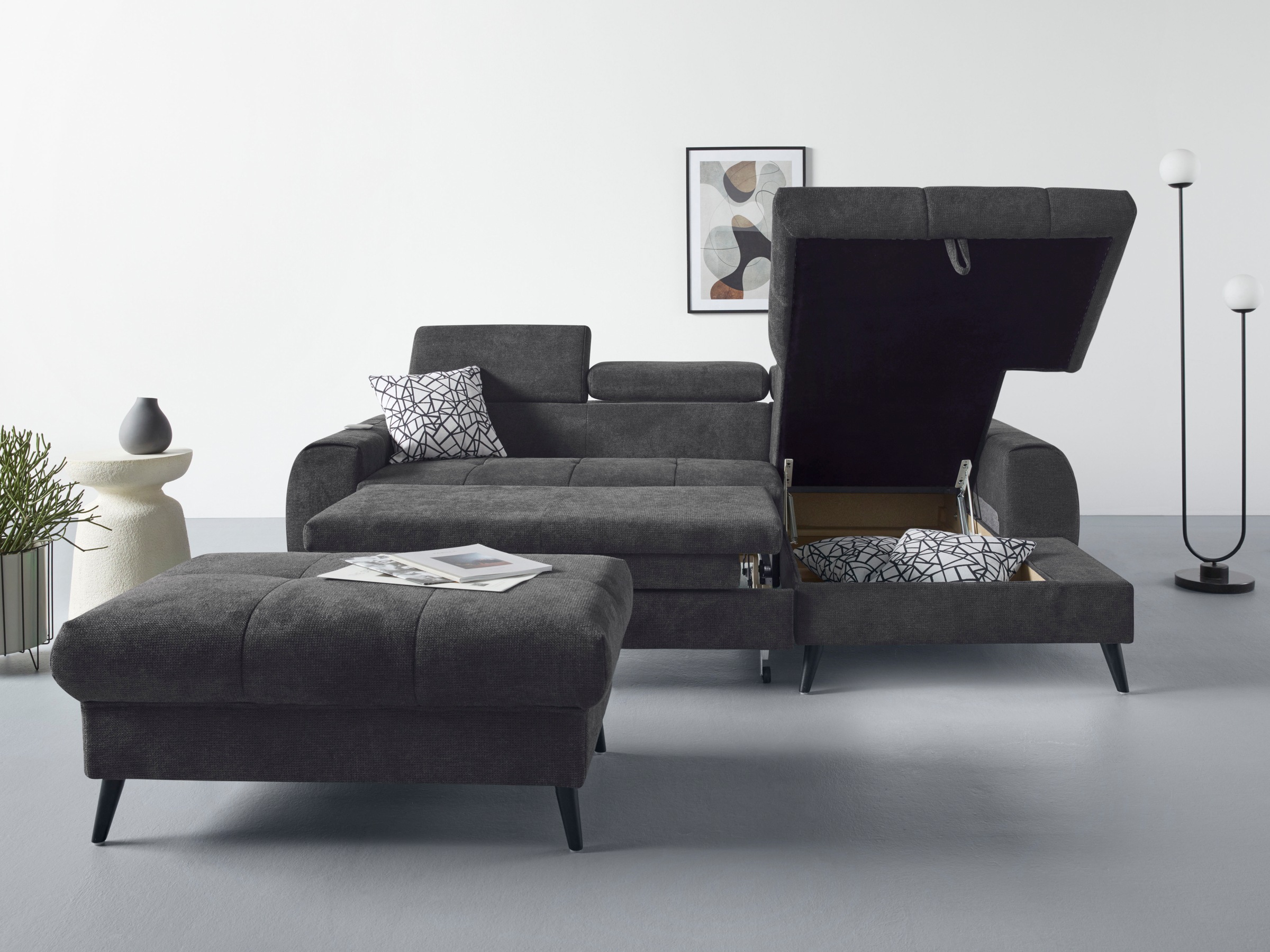 COTTA Ecksofa »Mia L-Form mit 3 Zierkissen«, wahlweise mit Bettfunktion, Bettkasten, Beleuchtung & Wireless-Charger
