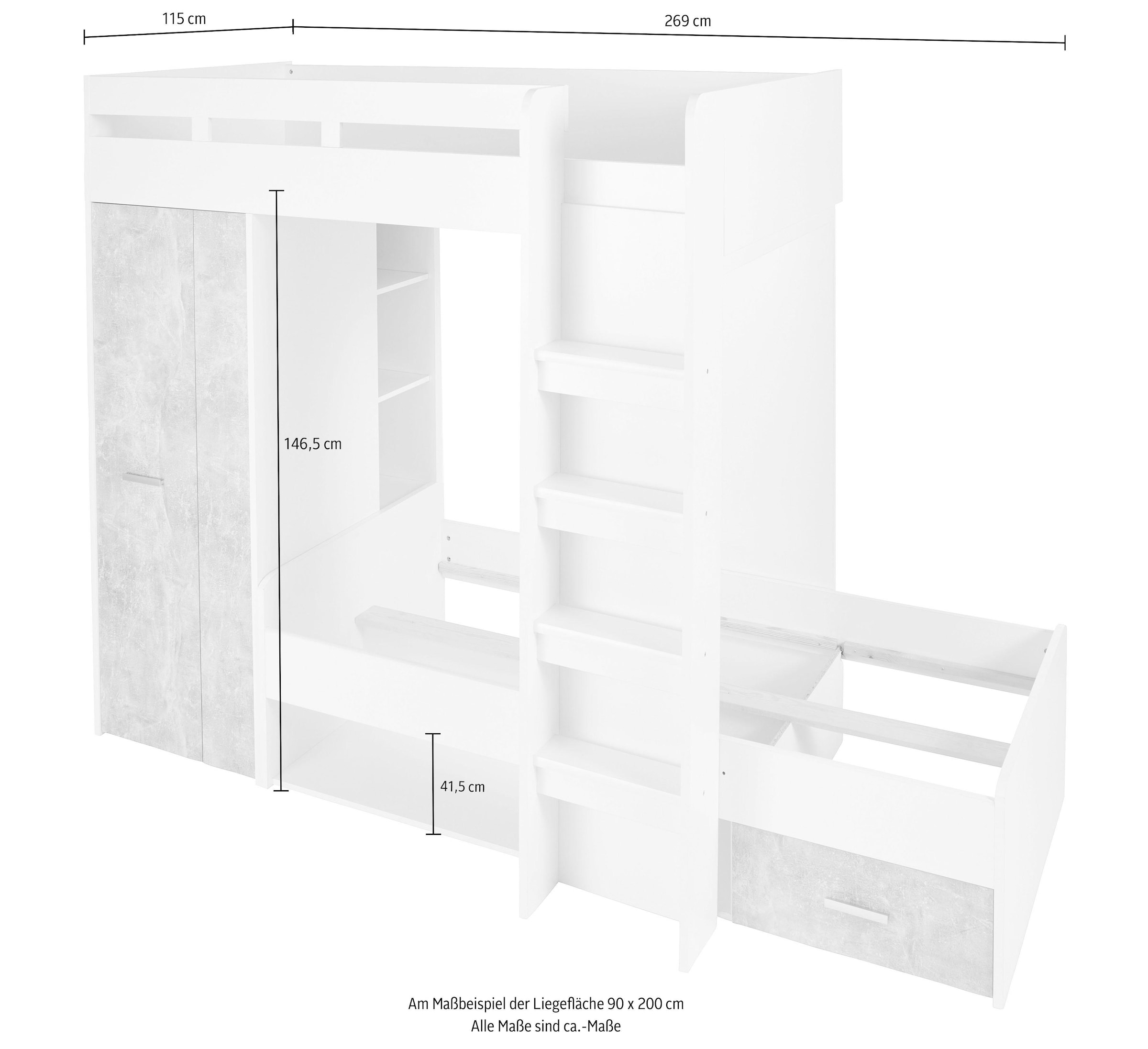 Begabino Hochbett »MAXI«, mit 2 Liegeflächen, Kleiderschrank und Regalen