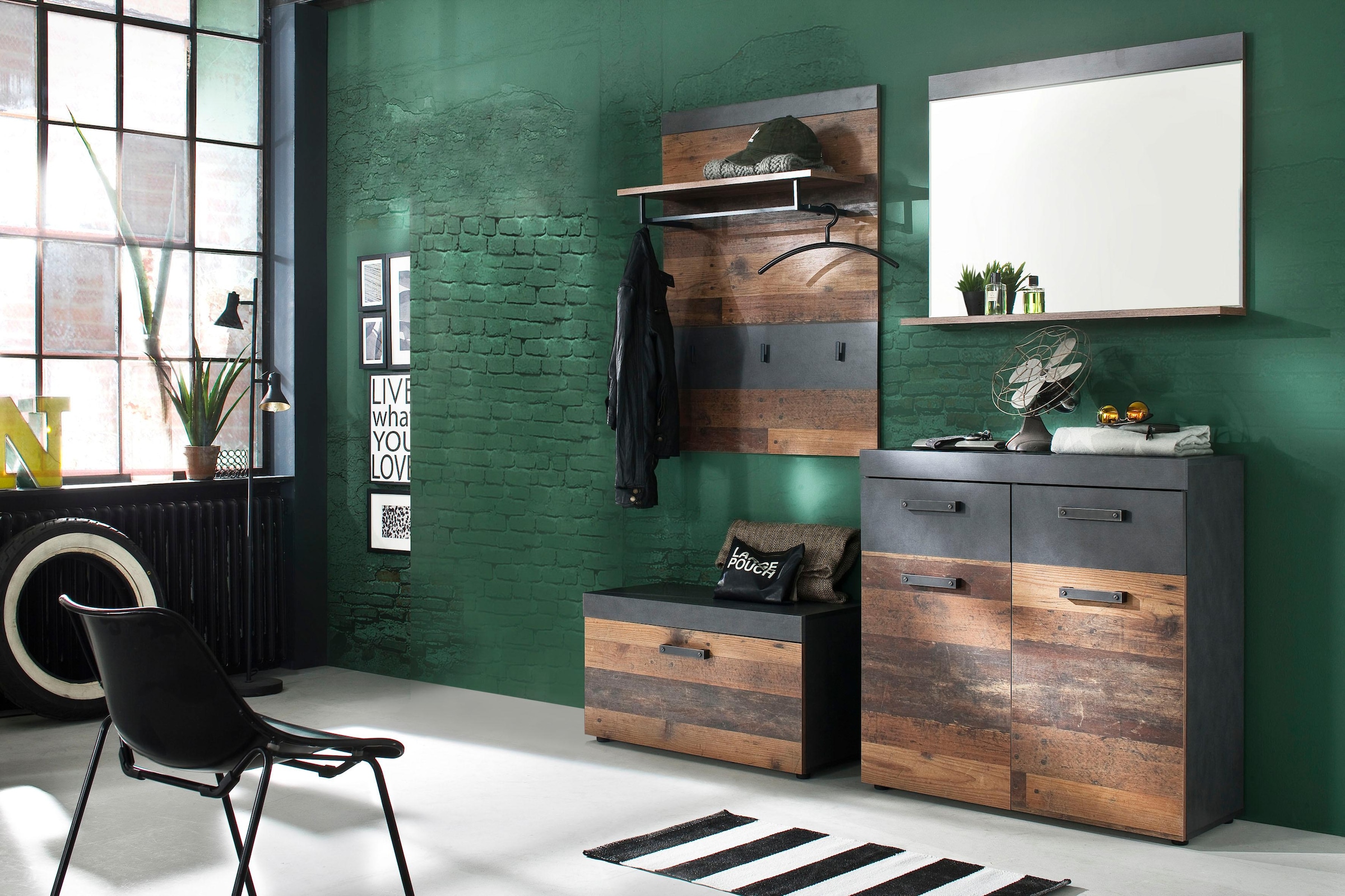 INOSIGN Garderoben-Set »Ilana«, (Set, 4 St.), Garderobenmöbel im modernen Industrial Style mit antikfarbenen Griffen