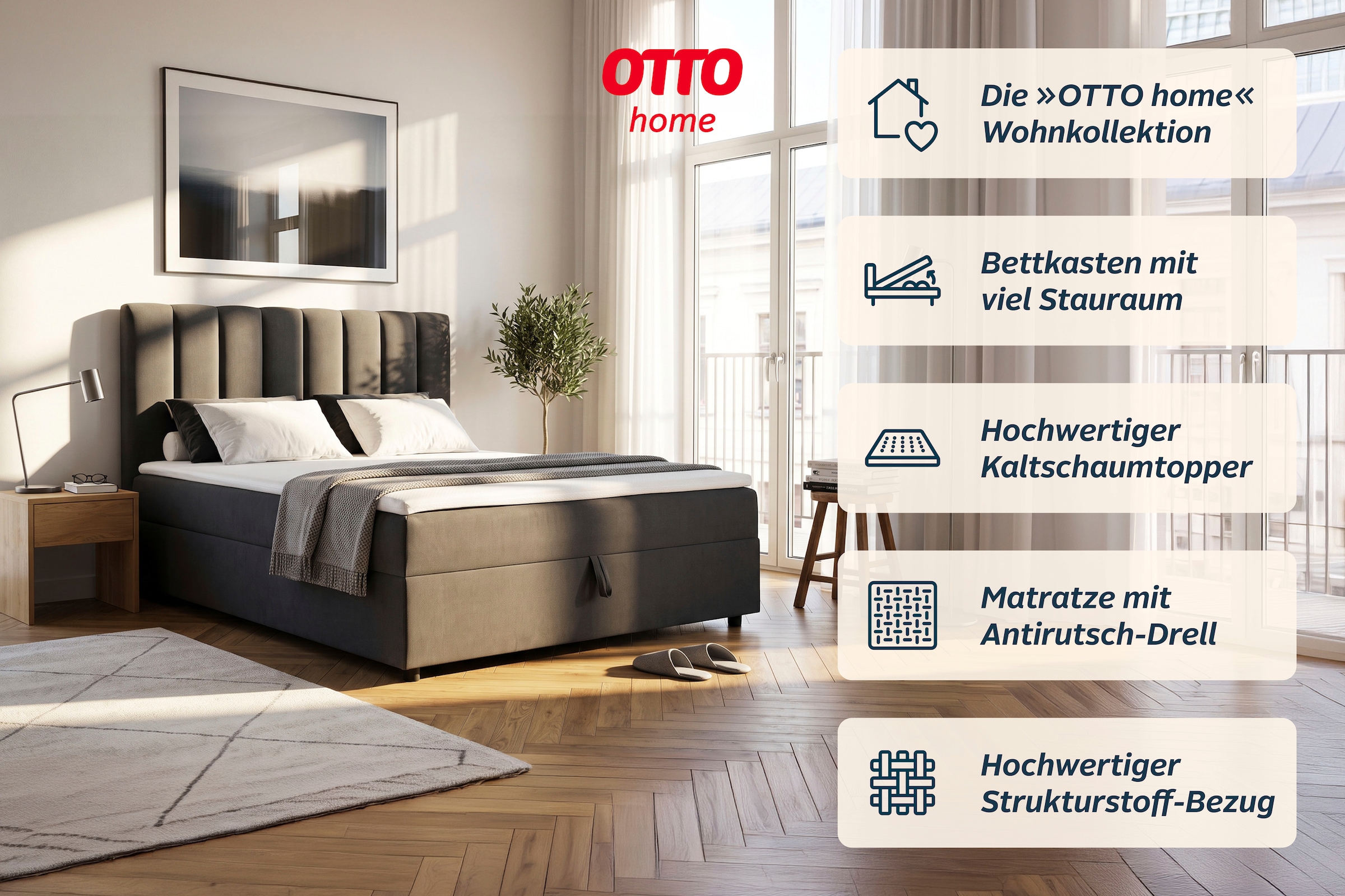 OTTO home Boxbett »HAILEYY, Polsterbett mit Bettkasten, inkl. Taschenfederkernmatratze H3« mit Kaltschaumtopper, Chenille-Bezug, 140x200 & 180x200 cm