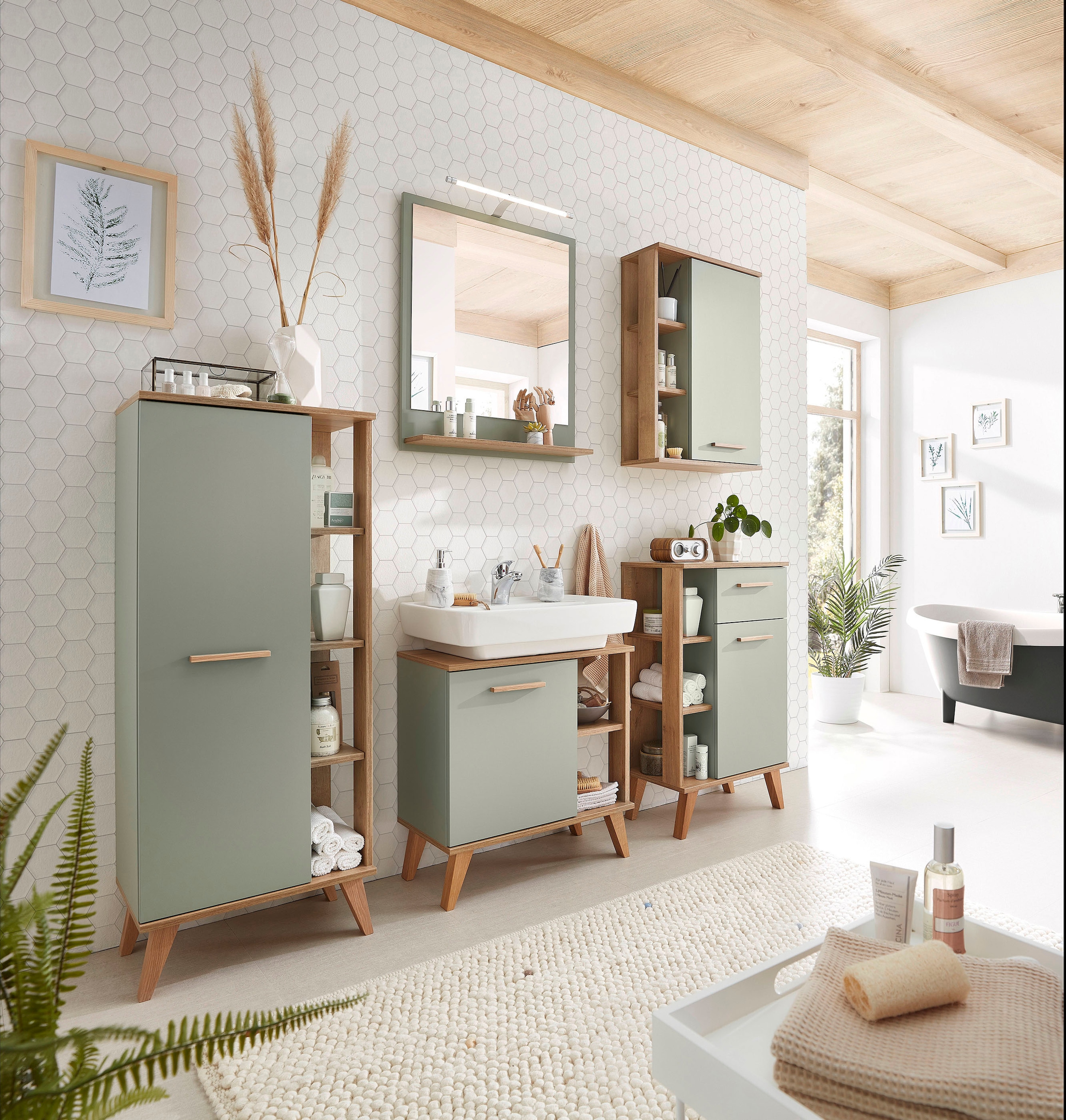 Saphir Midischrank »Quickset Badschrank 50,5 cm breit, 1 Tür, seitliche Ablagen«, Badezimmer-Midischrank inkl. Türdämpfer, Griffe in Holz