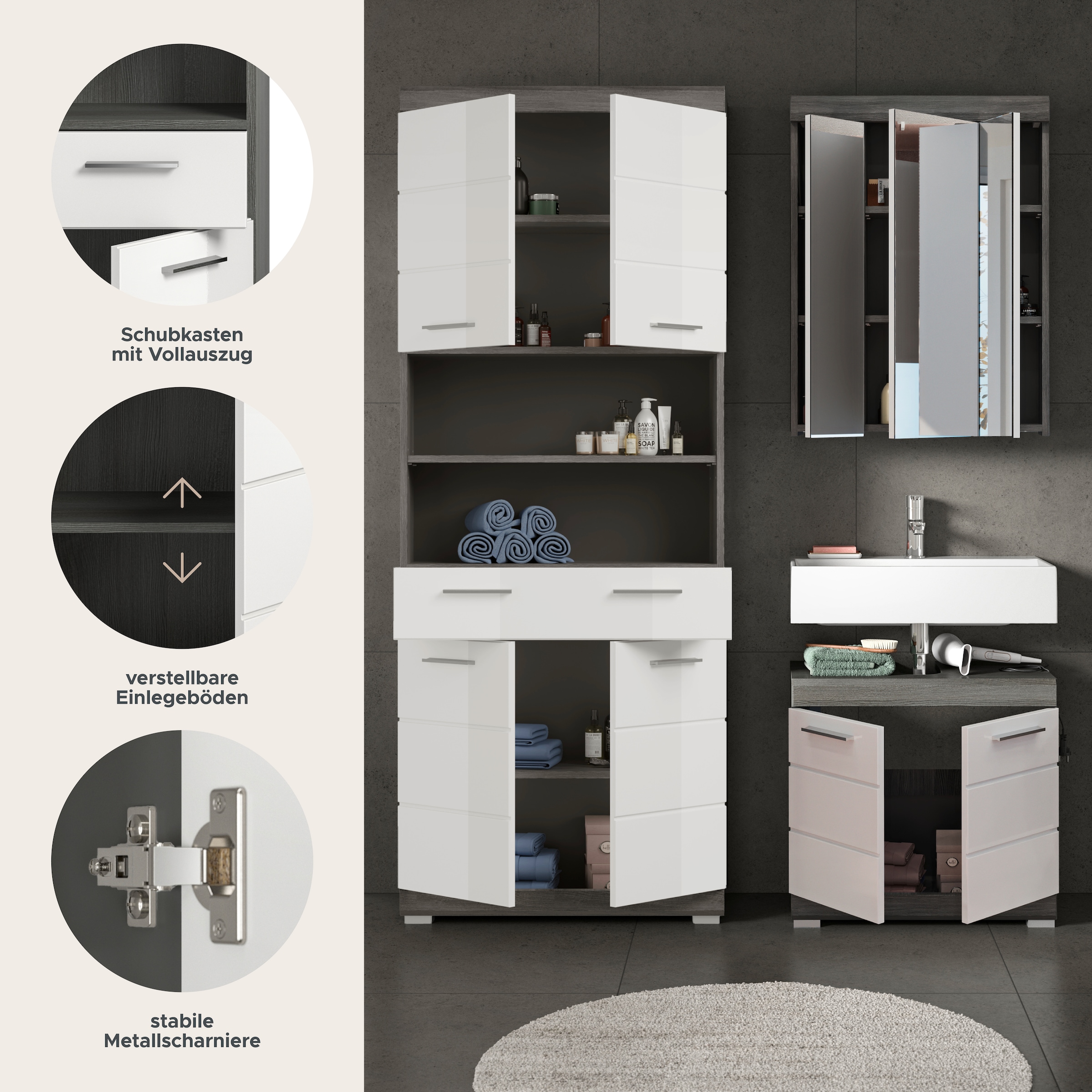 INOSIGN Badmöbel-Set »SIENA, TOPSELLER!, Breite 149cm, 3-teiliges Set« Set, bestehend aus: Hochschrank, Waschbeckenunterschrank & Spiegelschrank, 3 Stk. tlg.