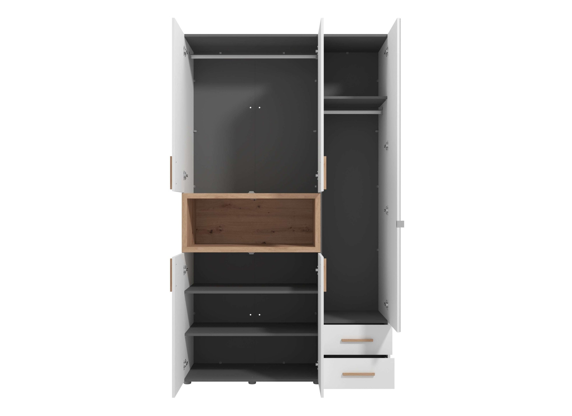 INOSIGN Kleiderschrank »Donald, inklusive Kleiderstangen und Einlegeböden, FSC-zertifiziert«, (134,5 oder 179cm breit, 227cm hoch und 56,5cm tief), In 2 Breiten, mit Spiegel und Schubladen, 1 offenes Fach in Holzoptik