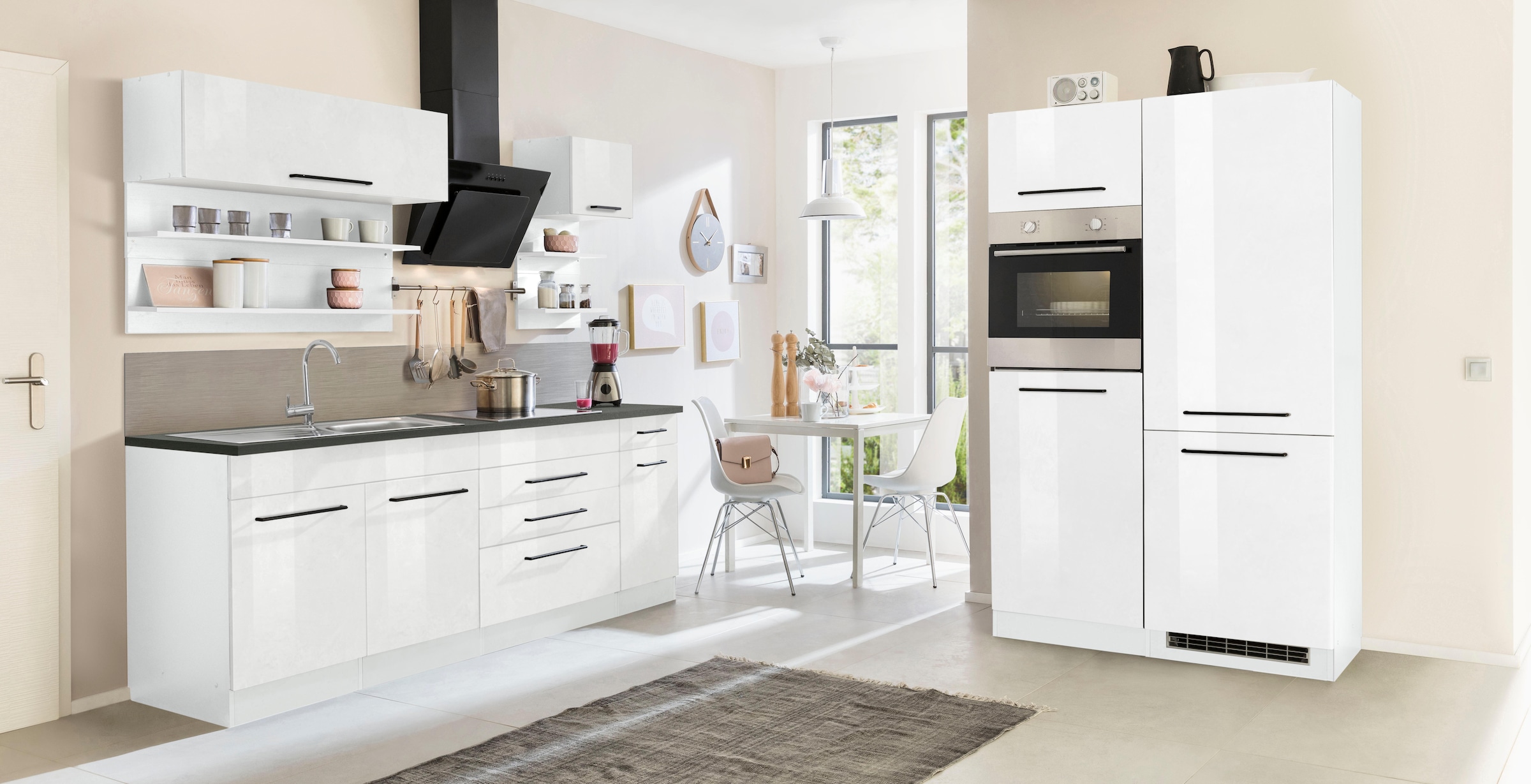 KOCHSTATION Küchenzeile »KS-Tulsa«, mit E-Geräten, Breite 350 cm, schwarze Metallgriffe, MDF Fronten