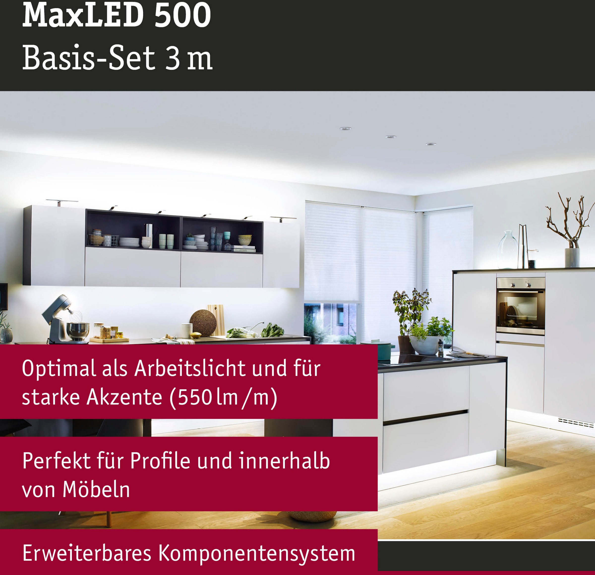 Paulmann LED-Streifen »MaxLED 500 Basisset 3m Tageslichtweiß 18W 1650lm 6500K unbeschichtet«, 1 St.-flammig