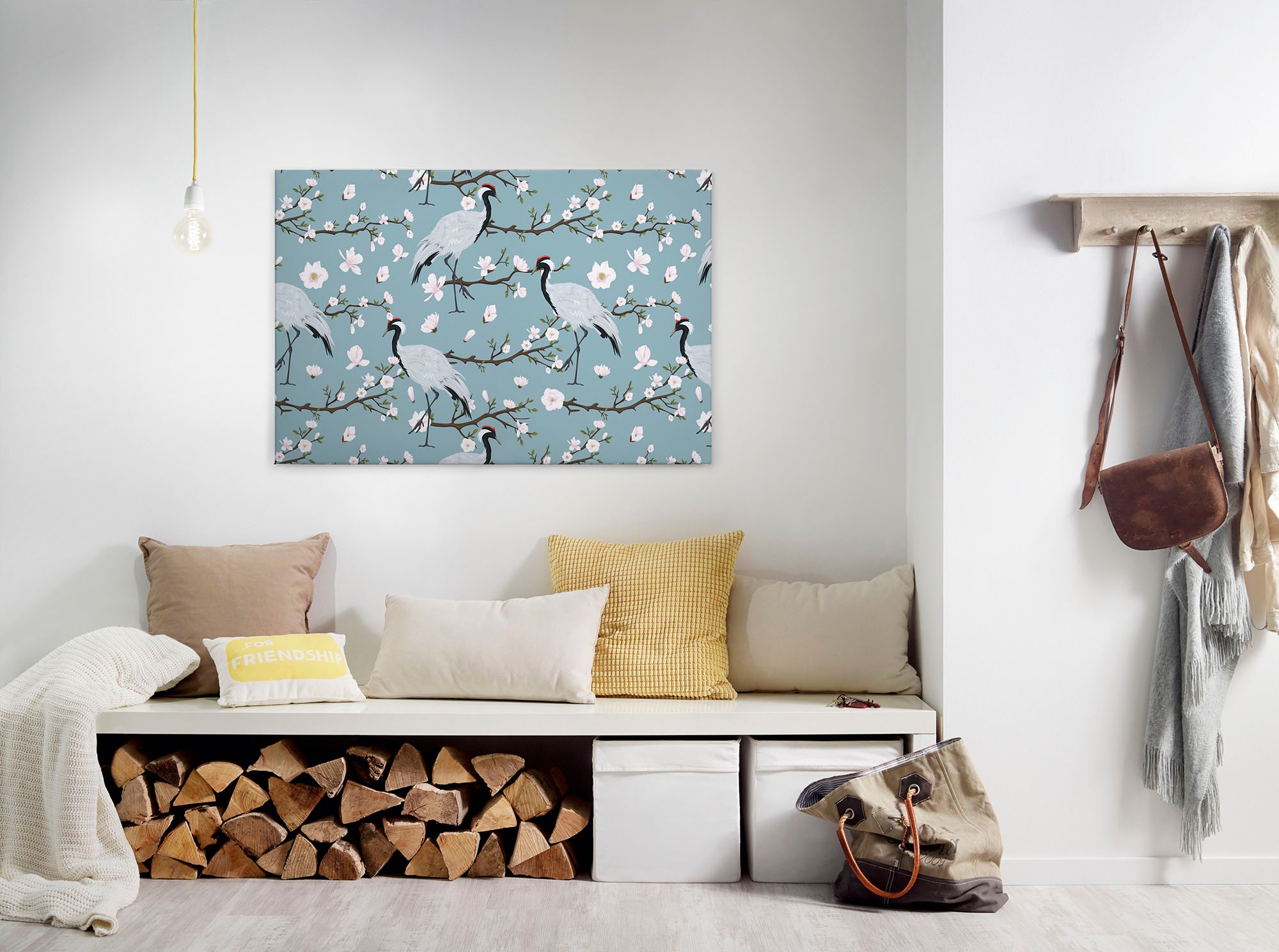 Bricoflor Leinwandbild Mit Kranich Wandbild Mit Vogel Und Kirschblüten In B günstig online kaufen