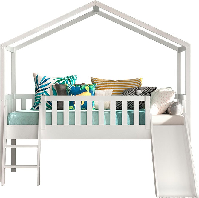 Vipack Hausbett »Kiefer massiv weiß lackiert, Made in Europe, stabil gebaut«, (B/H/T ca. 213x201,8cm, wahlweise mit und ohne Rutsche), mit Leiter, offenem Dach, Rolllattenrost und Absturzschutz