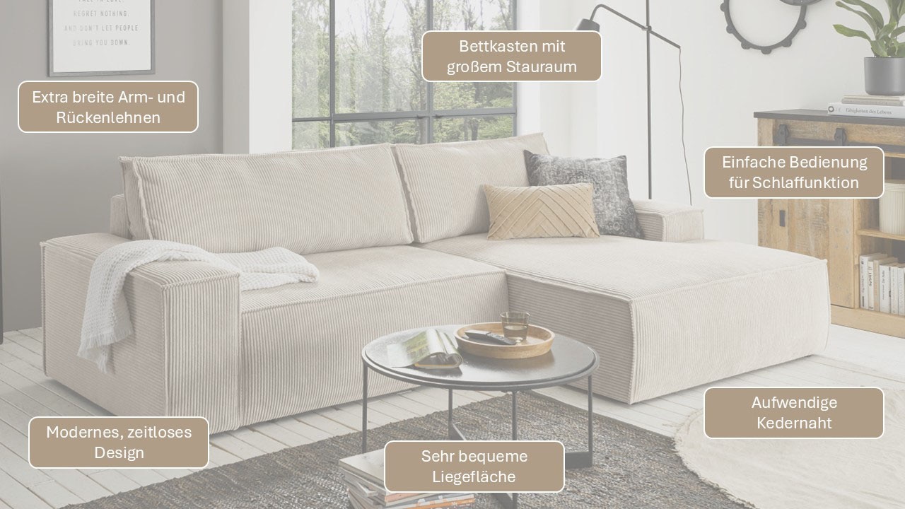OTTO home Ecksofa »SHERWOOD Cord L-Form, 267 cm - OTTO. Verlässliche Qualität.« Schlaffunktion mit Bettkasten (210x136 cm), Cord, Vintage, Samtvelours