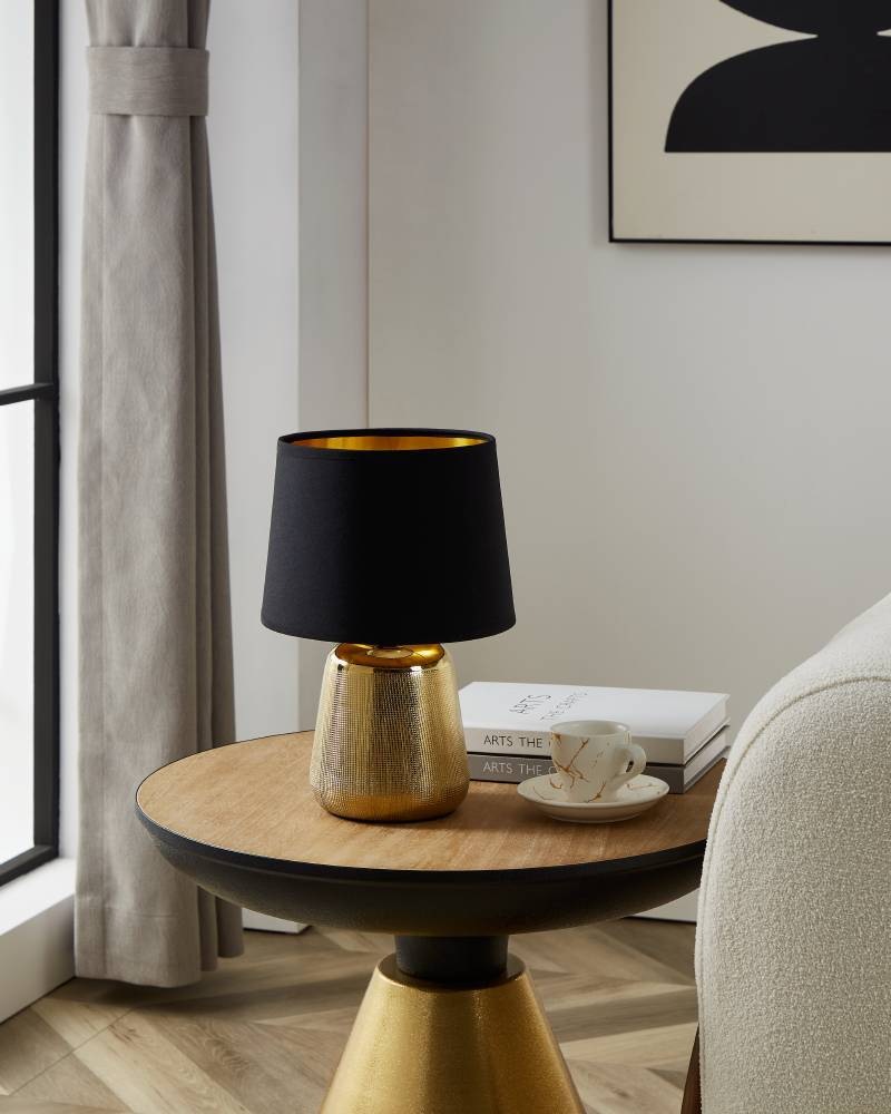 EGLO Tischleuchte »MANALBA 1«, 1 flammig, Leuchtmittel E14 | ohne Leuchtmittel, Textil Nachttischlampe, Keramik, gold, Tischleuchte, Schlafzimmer