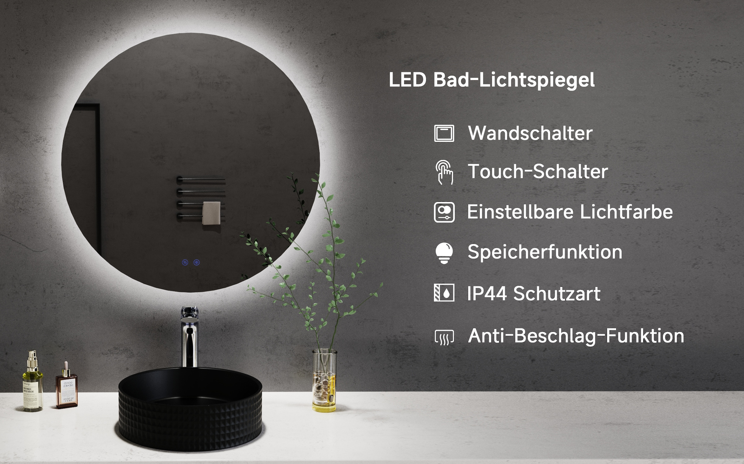 welltime LED-Lichtspiegel »Toledo rund, Spiegel mit LED Beleuchtung, Badspiegel« mit Anti-Fog Beschichtung