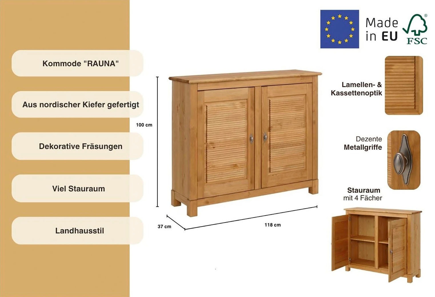 Home affaire Kommode »Rauna«, Breite 118 cm, aus massiver Kiefer