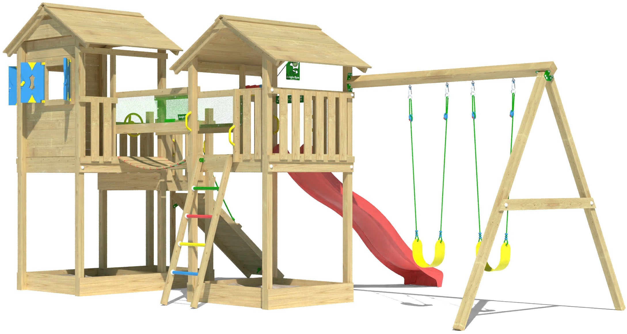 Jungle Gym Spielturm »Stronghold«, (Set), Spielanlage mit 2 Türmen, Schaukel und Rutsche mit Wasseranschluss