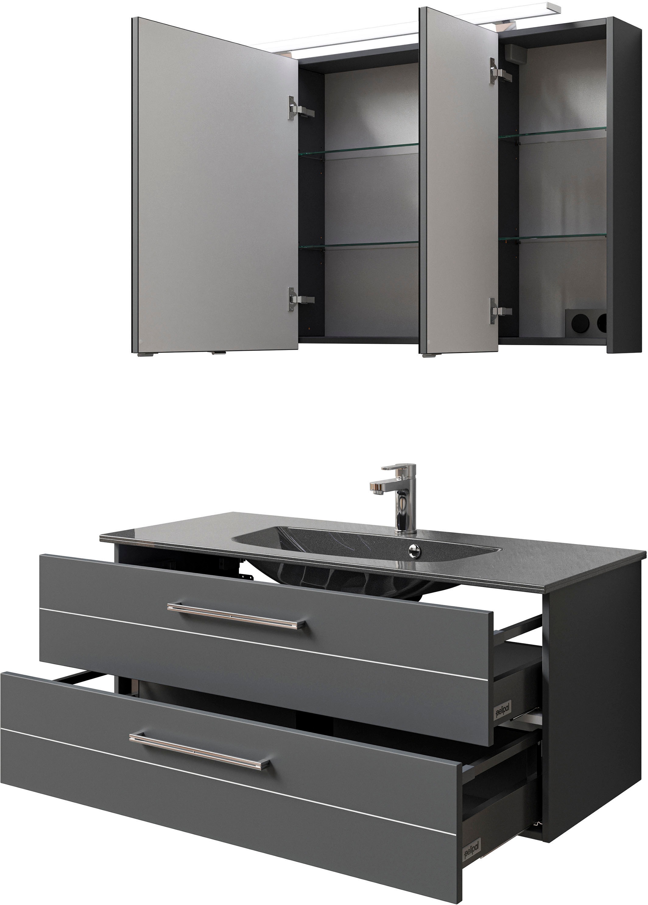 Saphir Badmöbel-Set »Serie 6025 2-teilig Mineralmarmor-Waschtisch mit LED-Spiegelschrank«, (2 St.), Waschplatz 117cm breit, 2 Schubladen, 3 Spiegel-Türen, inkl Türdämpfer
