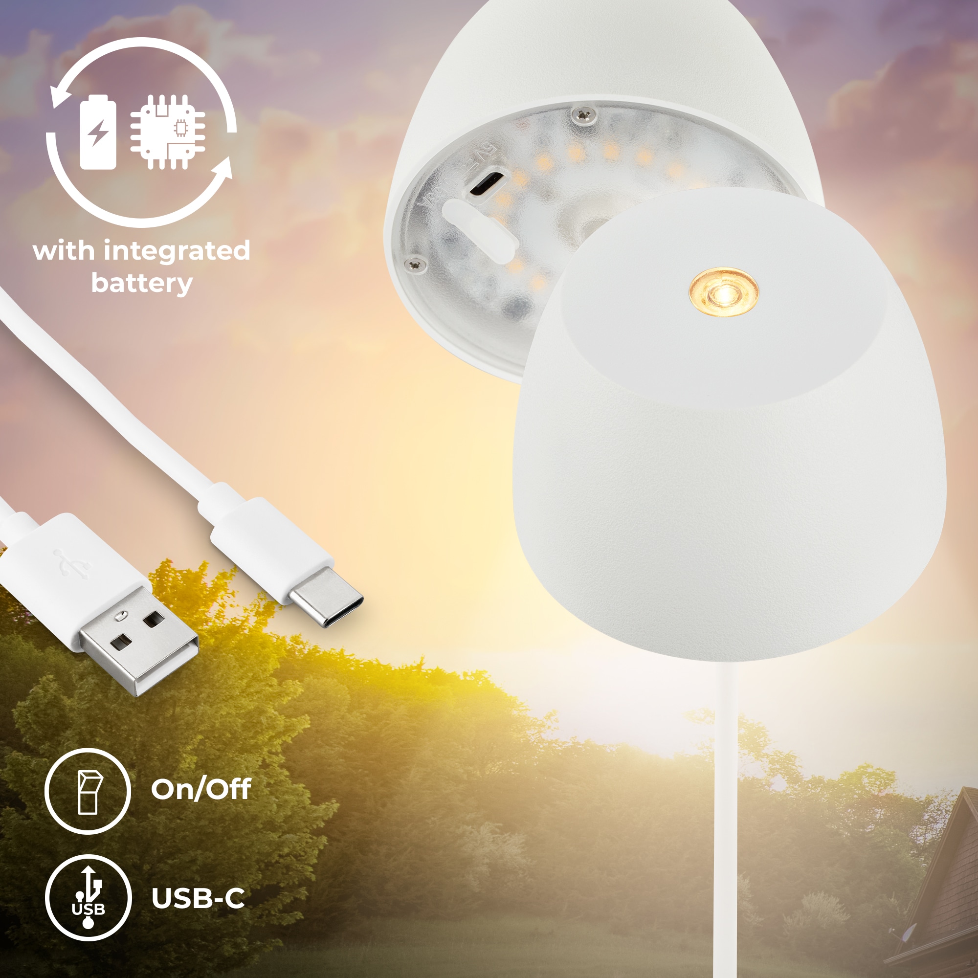 B.K.Licht Außen-Tischleuchte »BK_TL1605 Mini Akku LED Tischlampe, Touchdimmer, mit USB-C«, 1 flammig, Leuchtmittel LED-Modul | LED fest integriert, 2.700 K, 150 Lm, 2,5W, IP44, Akku wechselbar, 4h-24h Leuchtdauer, Weiß