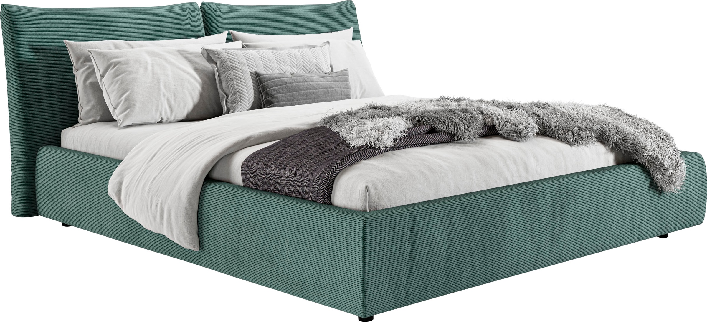 Polsterbett „Priora“, auch in NaturLEDER, Cord, belastbar bis 280kg, auch Überlänge 220 cm, grün Feincord