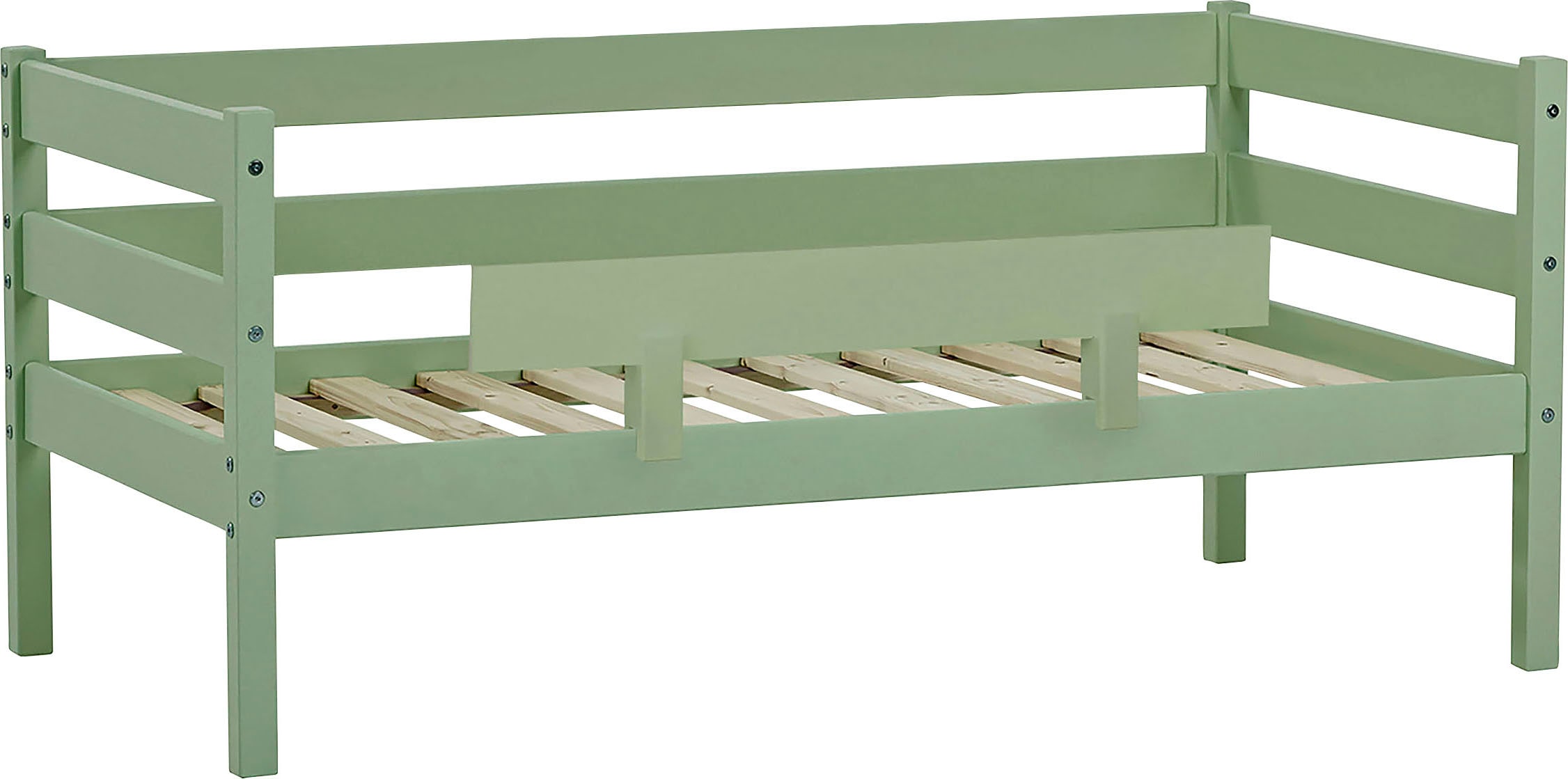 Einzelbett „ECO Comfort“, (Set), mit Rollrost in 8 Farben, wahlweise mit Matratze und Absturzsicherung, Pale Green ohne Matratze, mit Rausfallschutz