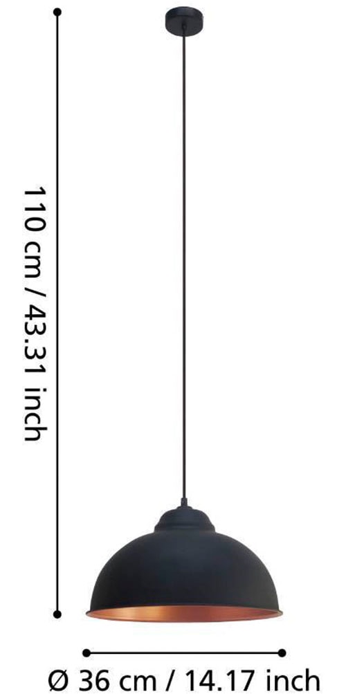 EGLO Hängeleuchte »TRURO 2 Hängelampe, Esstischlampe, Stahl, schwarz, kupfer, E27«, 1 flammig, Leuchtmittel E27 | ohne Leuchtmittel, Wohnzimmerlampe, 1 flammig, Vintage, Industrial, Retro, 110x37cm