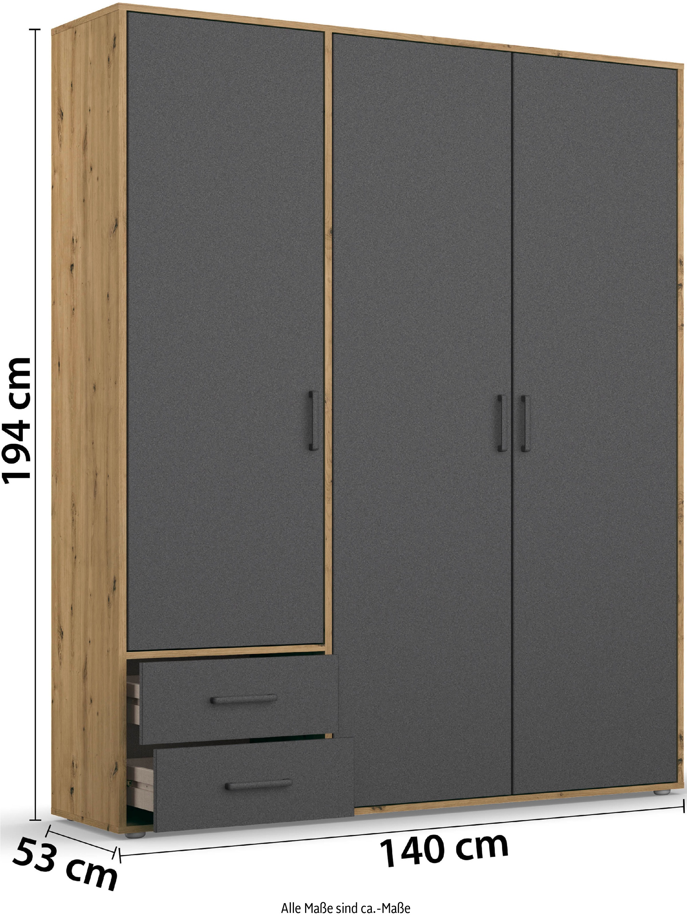rauch Drehtürenschrank »Kleiderschrank Schrank Garderobe Wäscheschrank VOYAGER«, (in 3 verschiedenen Ausstattungen BASIC/CLASSIC/PREMIUM), moderne Griffe in Graumetallic mit Außenschubkästen MADE IN GERMANY