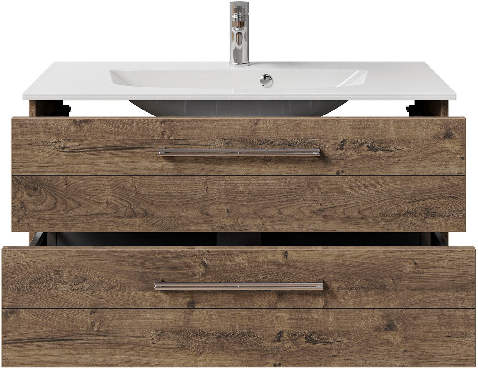 Saphir Badmöbel-Set »Serie 6025 2-teilig Mineralmarmor-Waschtisch mit LED-Spiegelschrank«, (2 St.), Waschplatz 97 cm breit, 2 Schubladen, 3 Spiegel-Türen, inkl Türdämpfer