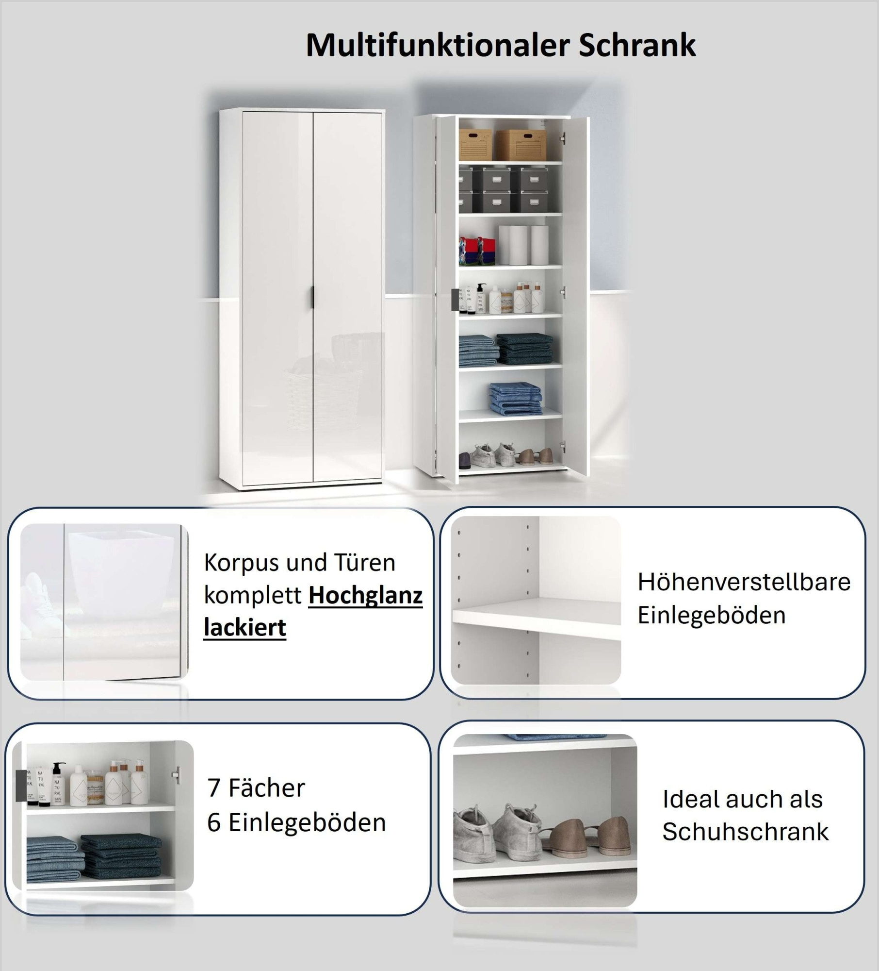 INOSIGN Mehrzweckschrank »Stauraumschrank , Breite 72,5 cm , Höhe 178 cm« 1 Stk. tlg. 2-türiger Schrank mit 4 Einlegeböden, hochglanz lackiert