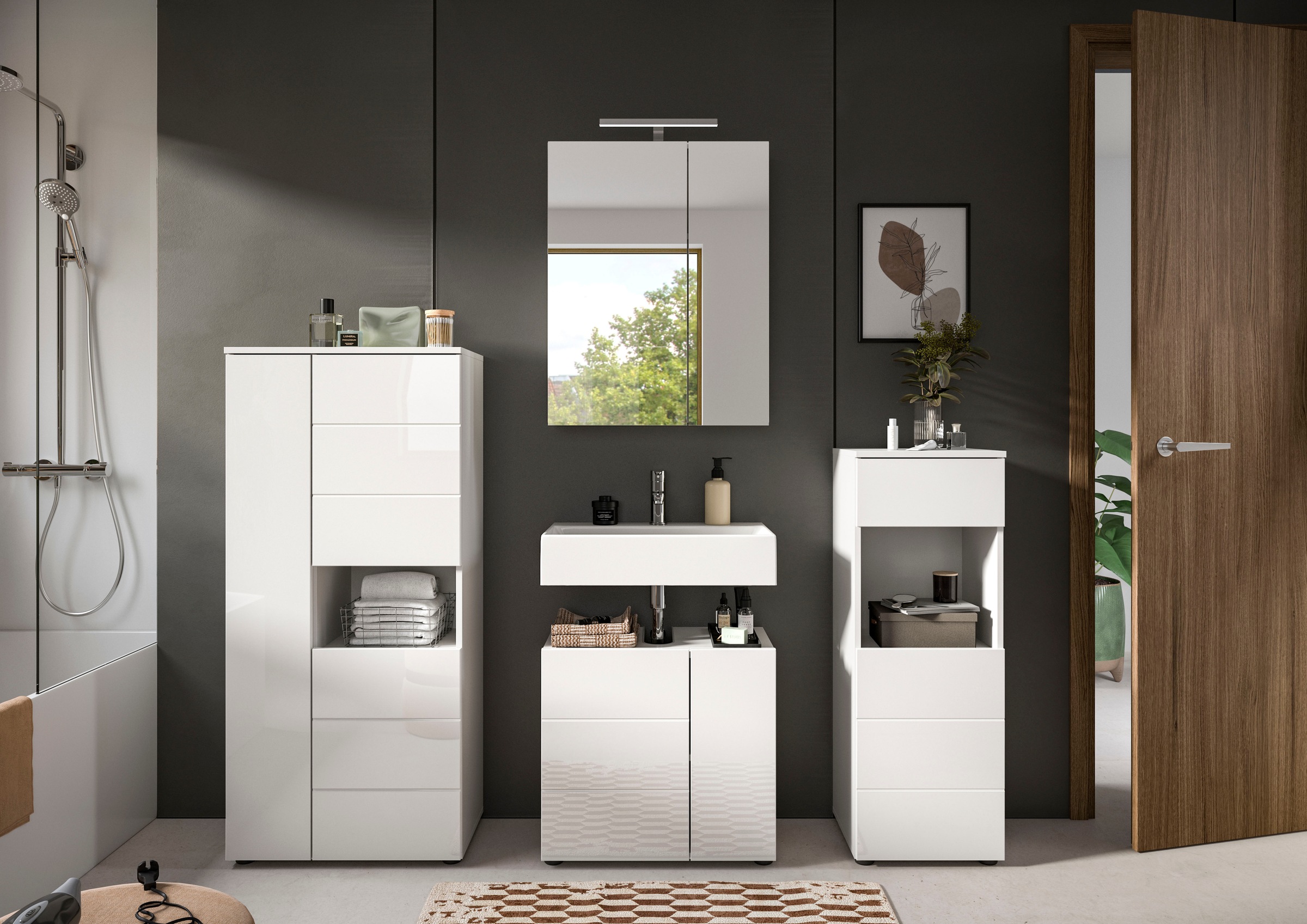 welltime Badmöbel-Set »Biel, Höhe 190 cm,Hochschrank,WBU, Spiegelschrank, Unterschrank, Lampe«, (5 St.), Bad Set, modernes Design, Unterschrank, Spiegel, Aufsatzleuchte