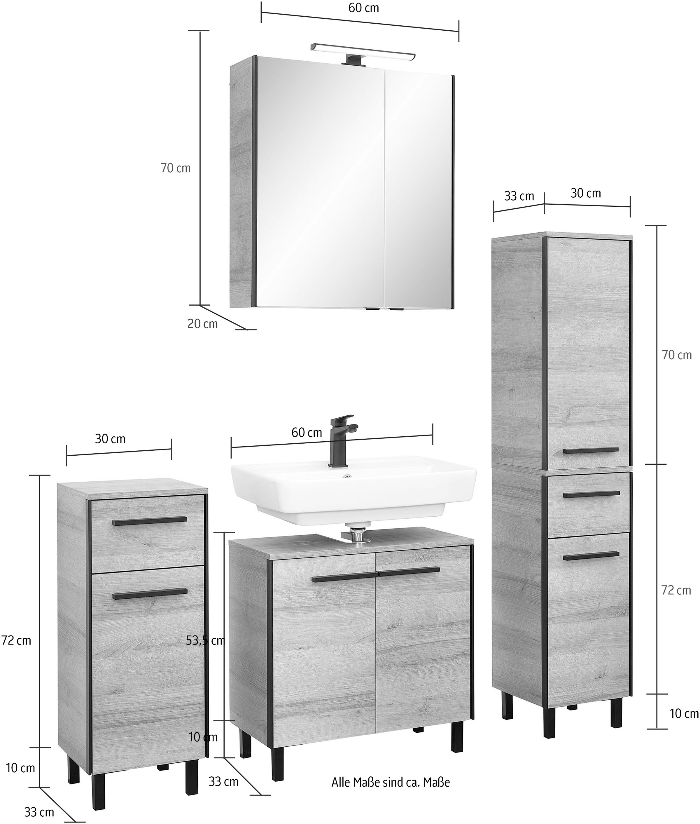 Saphir Badmöbel-Set »Quickset 395 4-teilig, Waschbeckenunterschrank mit LED-Spiegelschrank«, (5 St.), Unterschrank, Midischrank, inkl. Türdämpfer, 7 Türen, 2 Schubladen