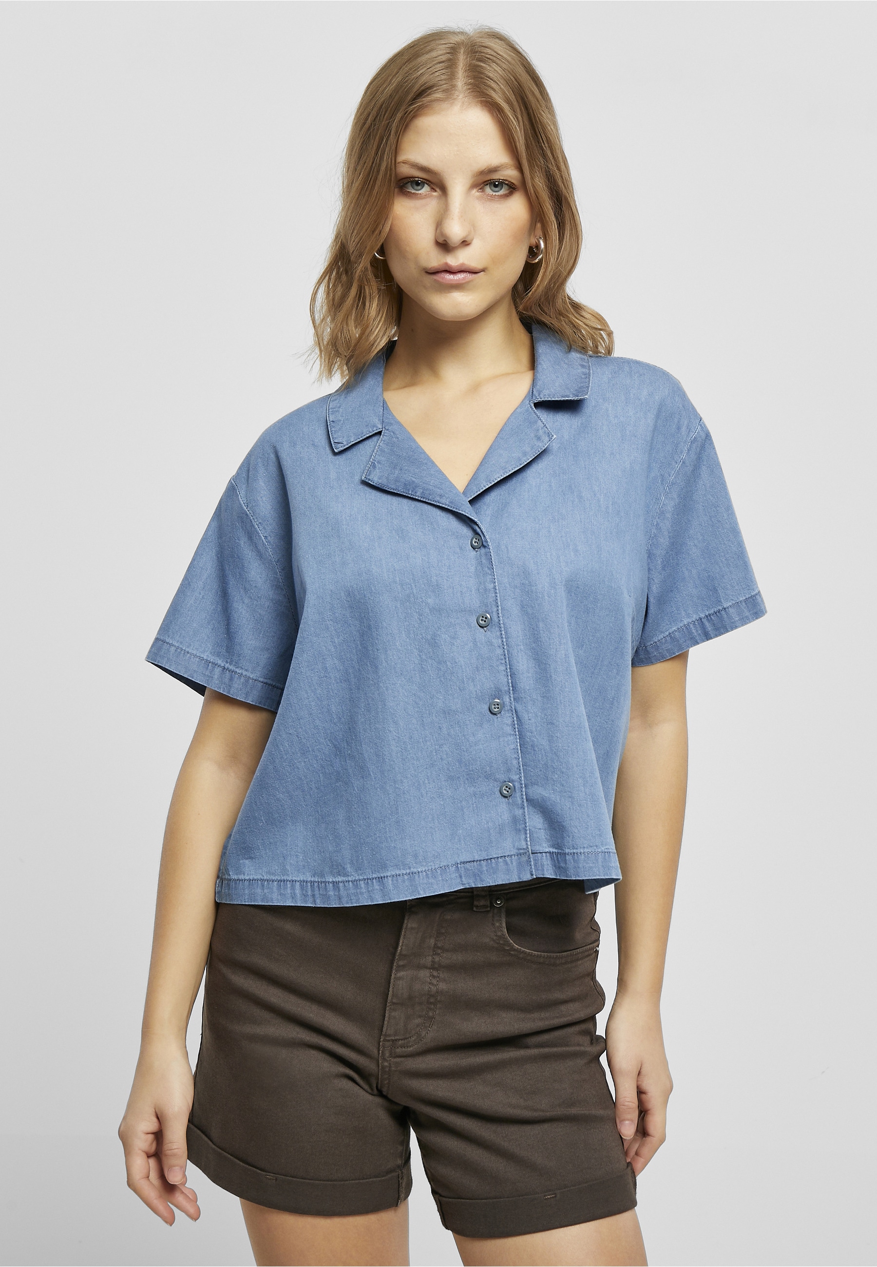 URBAN CLASSICS Blusenshirt »Urban Classics Damen Ladies Light Denim Resort Shirt« 1 tlg.