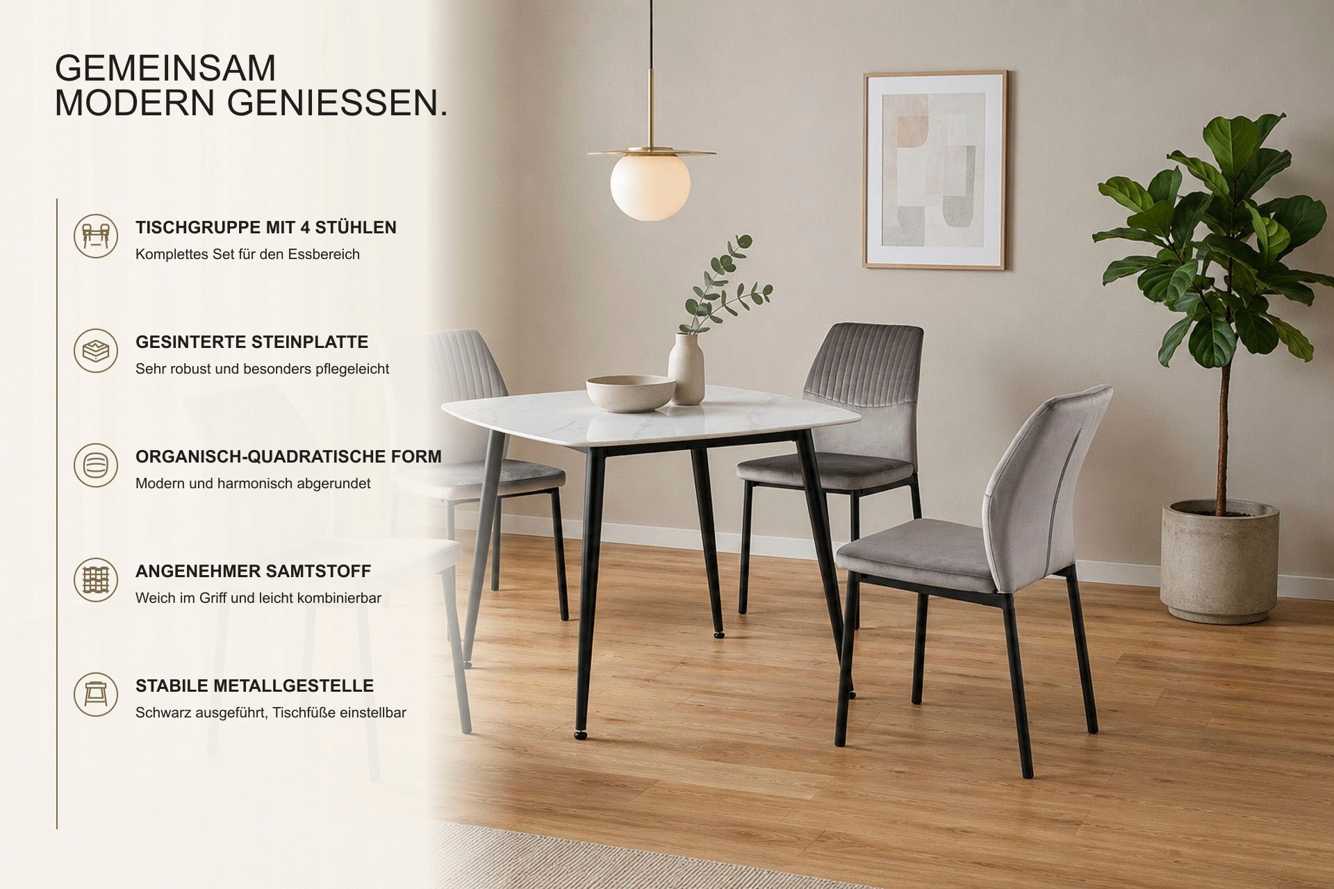 OTTO home Essgruppe »Nora« Set, 5 tlg. mit 4 bequemen Stühlen, Esstisch aus gesintertem Stein in Keramikoptik
