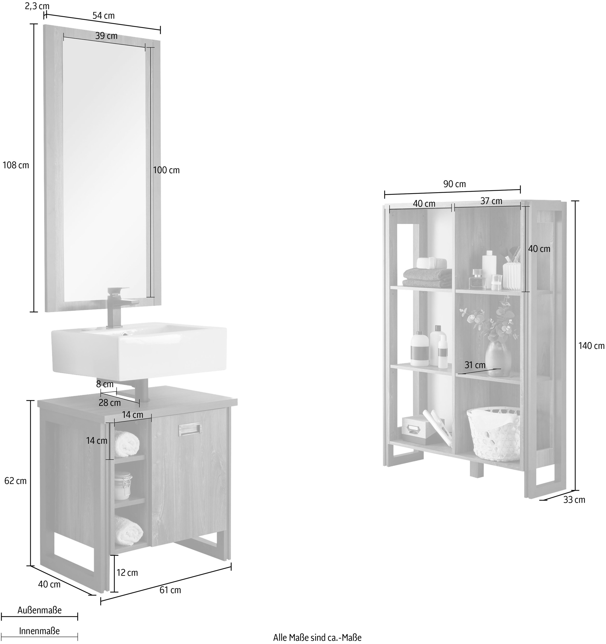Home affaire Badmöbel-Set »Detroit, Bad im Industrialdesign, 3-teiliges Badezimmer«, (Set, 3 St.), Unterschrank, Regal & Spiegel, holzfarben, offene Fächer & Stauraum