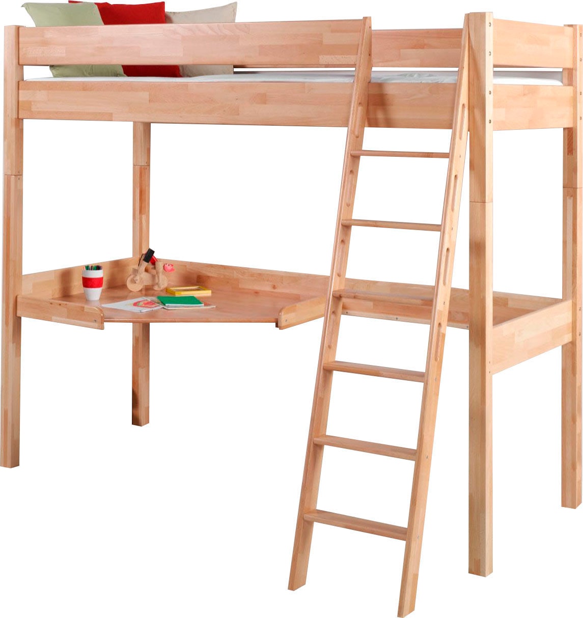 Relita Hochbett »Renate«, inkl. Rolllattenrost, Schreibtisch und Leiter, Buche massiv