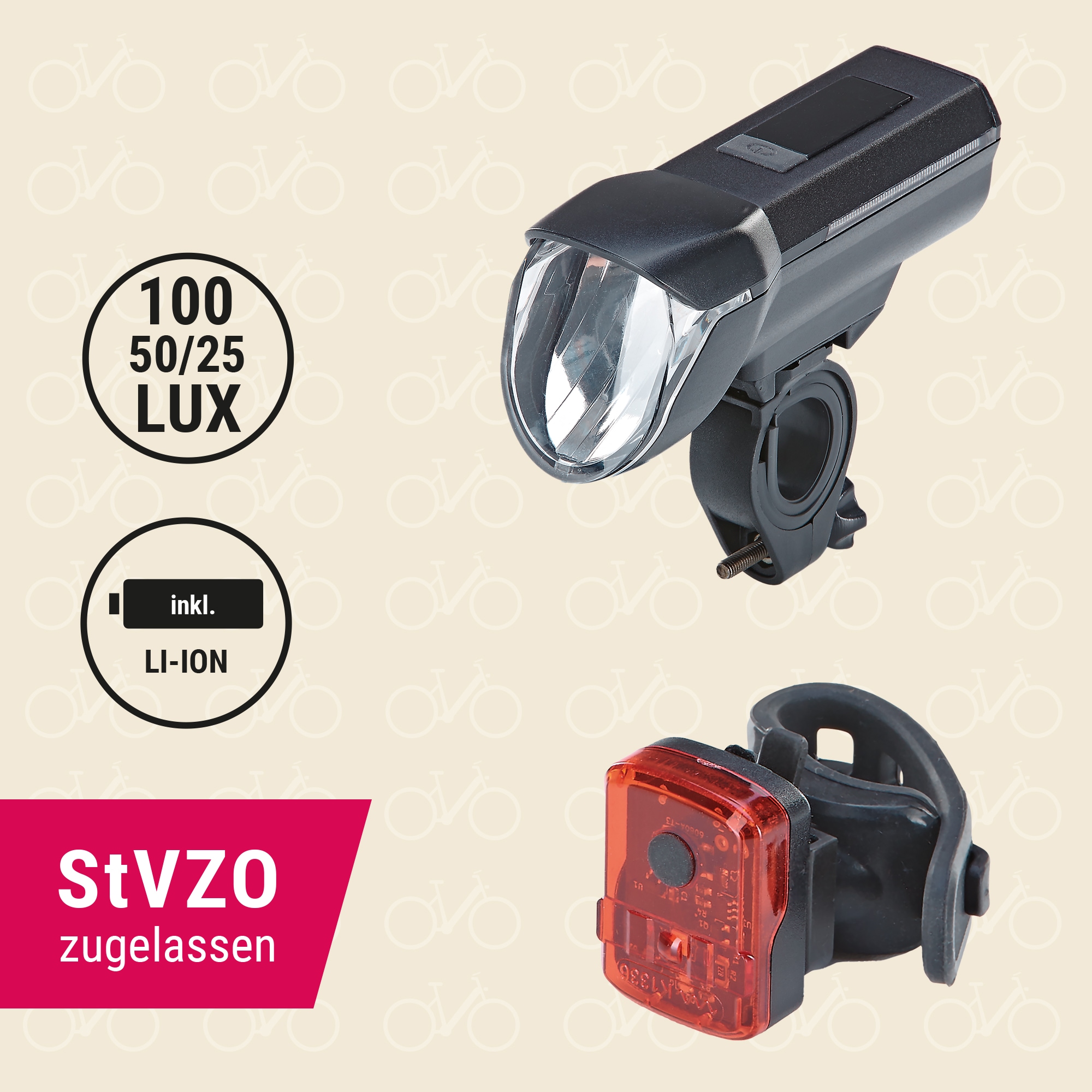 Prophete Fahrradbeleuchtung »LED Akku Beleuchtungsset 100 Lux«