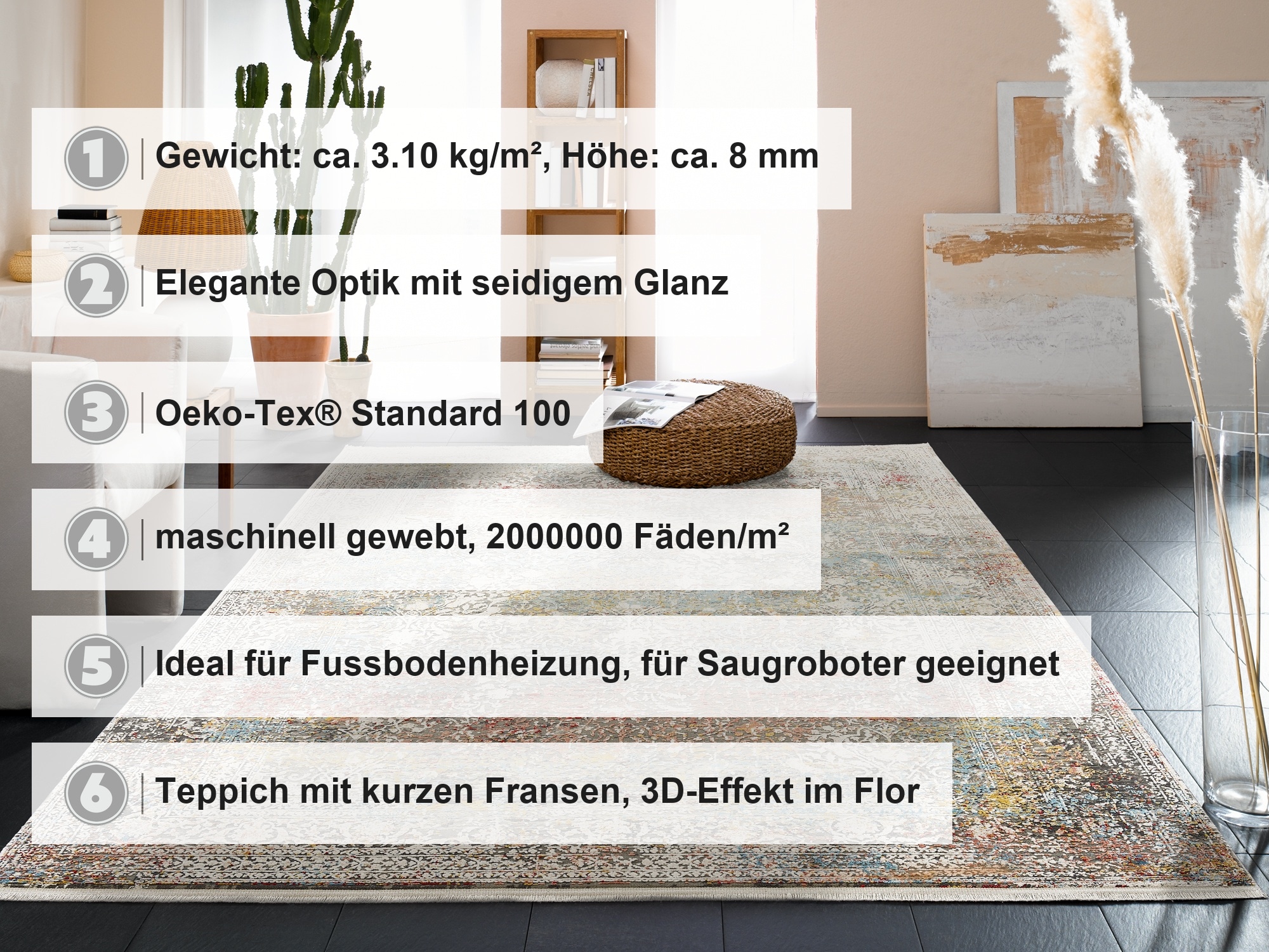 OCI DIE TEPPICHMARKE Teppich »BESTELLER CAVA , auch als Läufer und in Rund« rechteckig 8 mm Höhe Glanz Viskose, mit Fransen, Hoch Tief Struktur, Vintage, Wohnzimmer