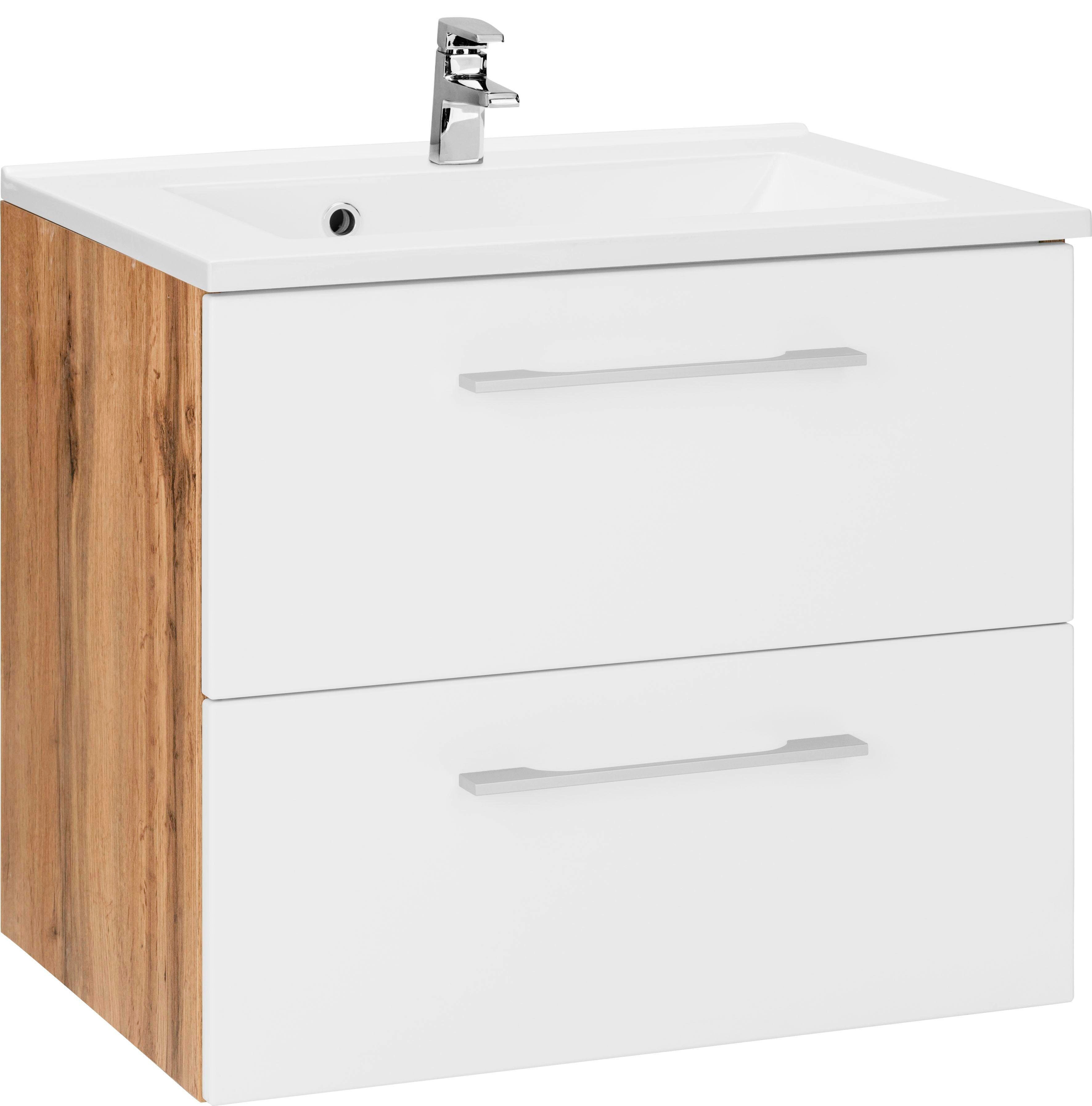 Waschbeckenunterschrank „Soria“, Bad, Waschtisch inkl. Waschbecken, Breite 60 cm, eichefarben/weiß/weiß B/H/T: 60 cm x 14 cm x 48 cm