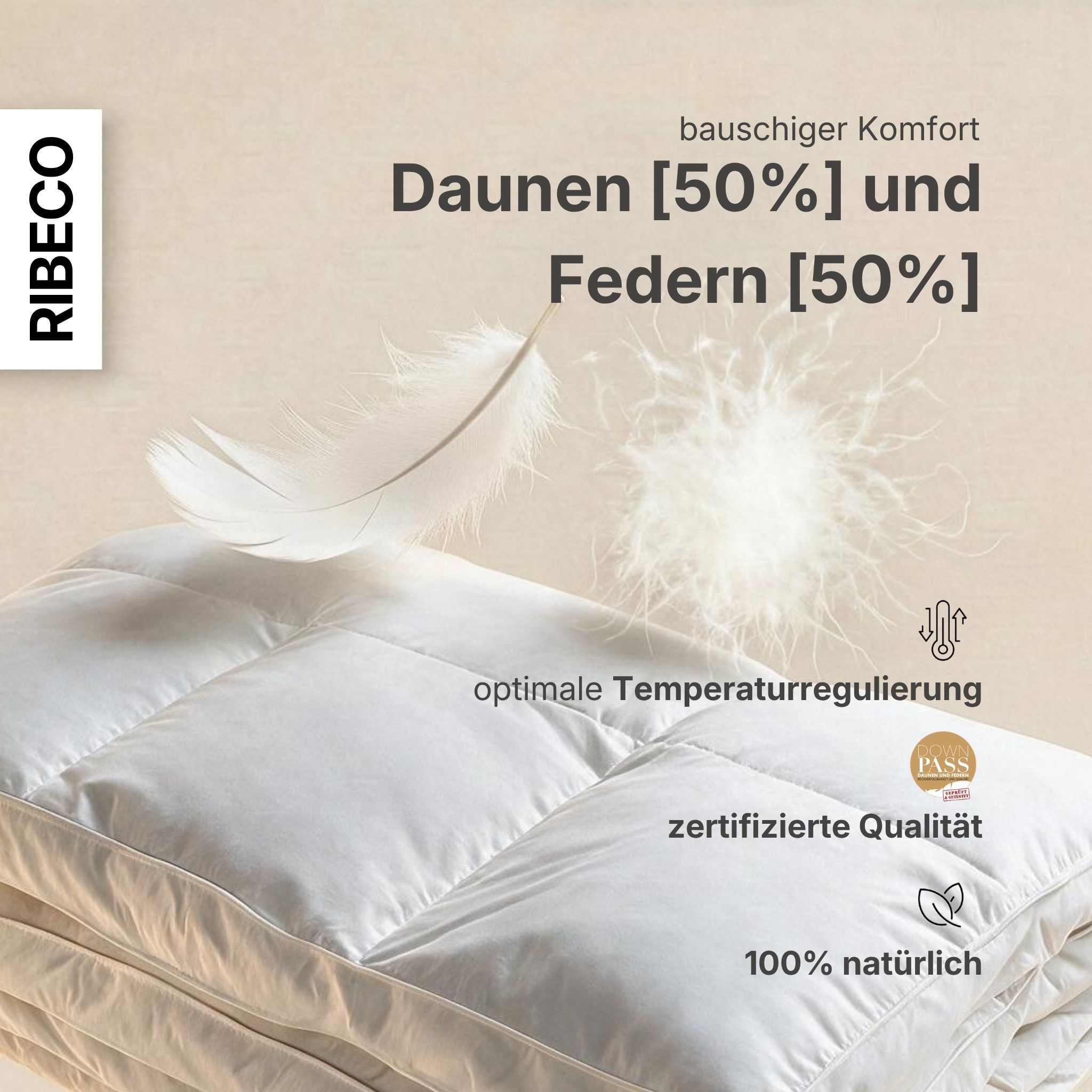 RIBECO Federbettdecke »Bettdecke in 135x200 und 155x220cm Topseller,« extrawarm Füllung 50% Daunen & 50% Federn 1 Stk. tlg. Daunen und Federn, Made in Germany, mit gratis 80x80 cm Kissen