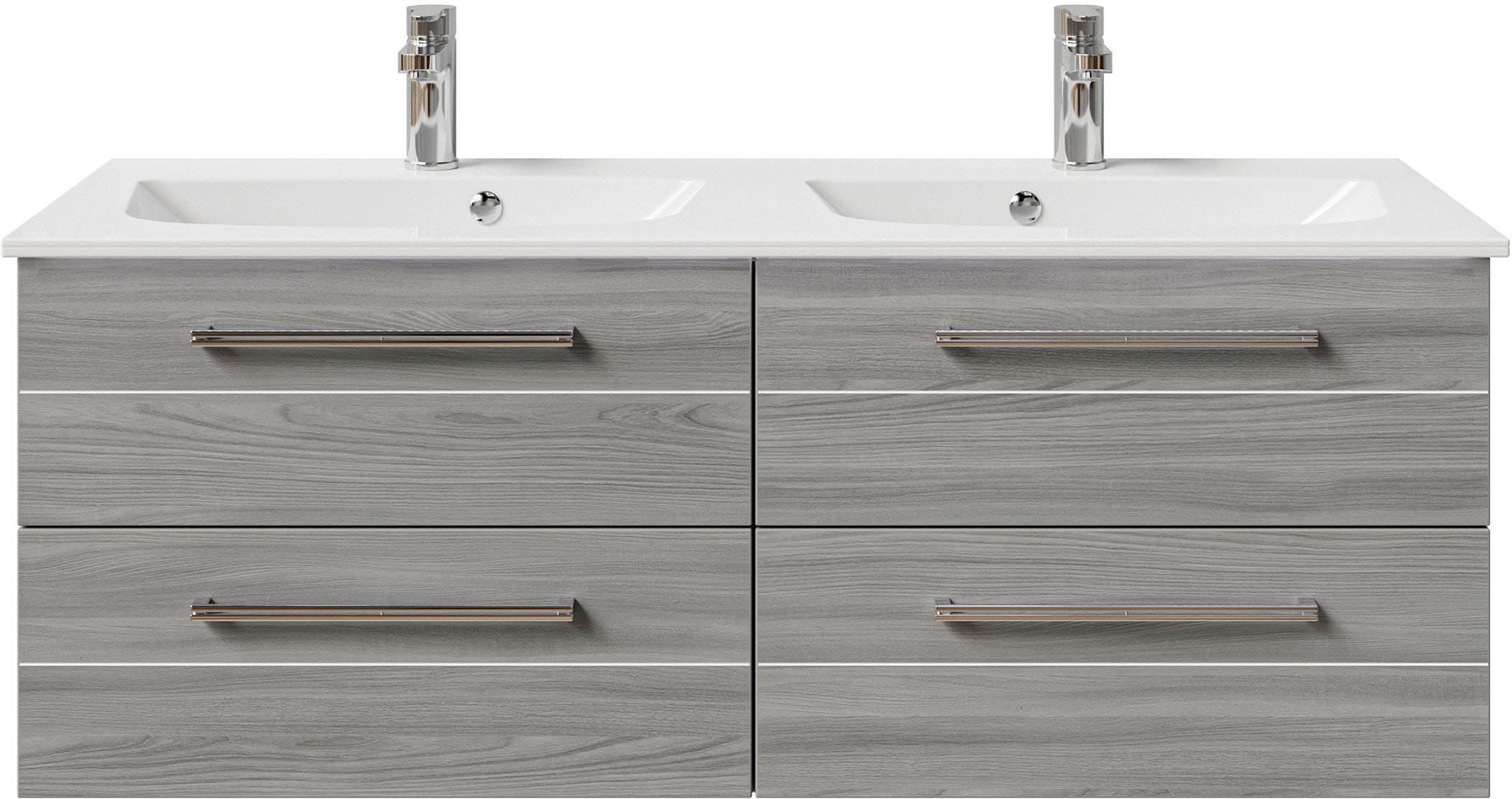 Saphir Badmöbel-Set »Serie 6025 2-teilig Mineralmarmor-Waschtisch mit LED-Spiegelschrank«, (2 St.), Waschplatz 132cm breit, 4 Schubladen, 2 Spiegel-Türen, inkl Türdämpfer